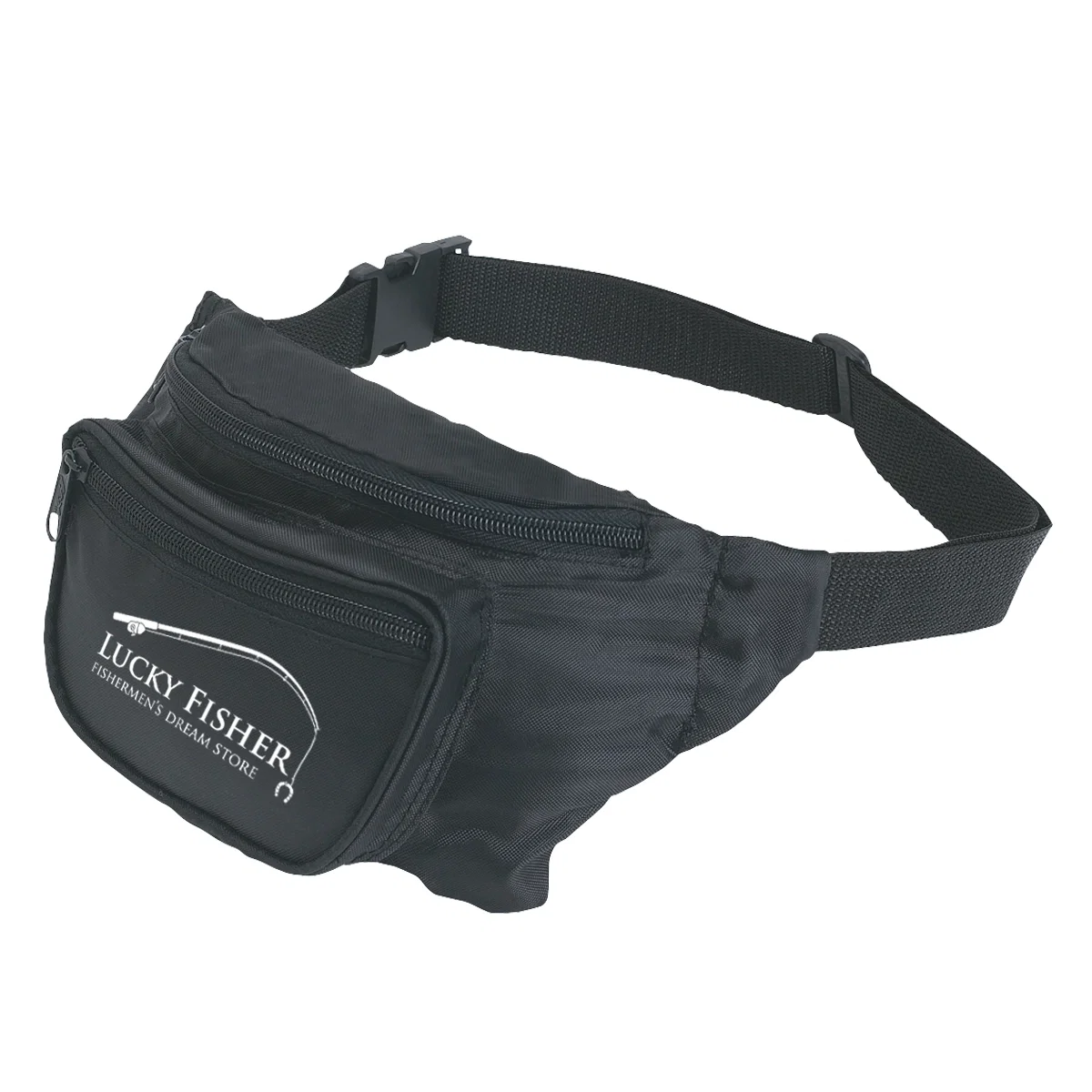 Black fanny pack with an adjustable belt shown from the front