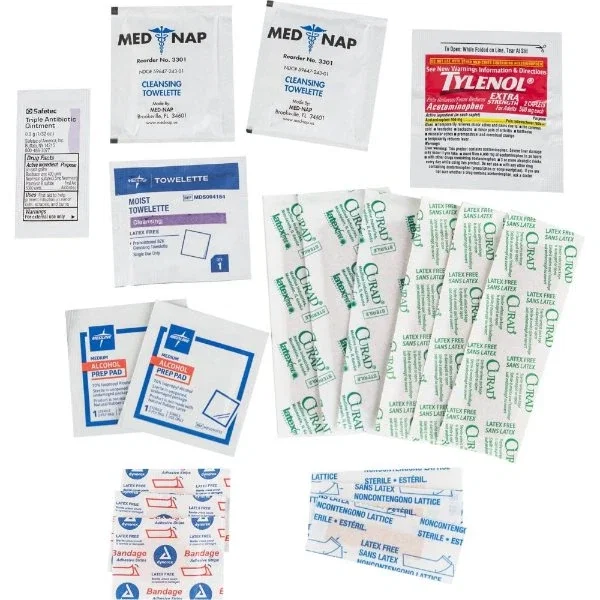 Deluxe first aid kit vinyl pouch open, showing bandages and antiseptic supplies inside