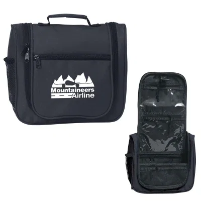 Black toiletry bag folded to eleven inches wide
