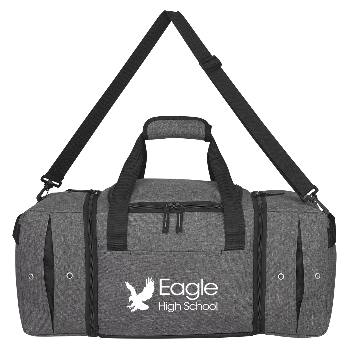 Gray duffel with a dedicated shoe compartment at one end