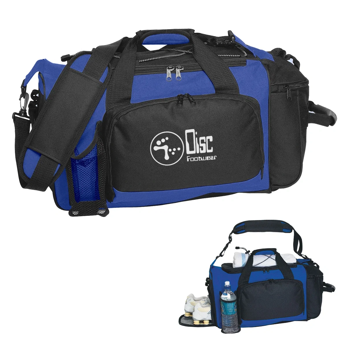 Sports duffel bag with a zippered main compartment and carry handles