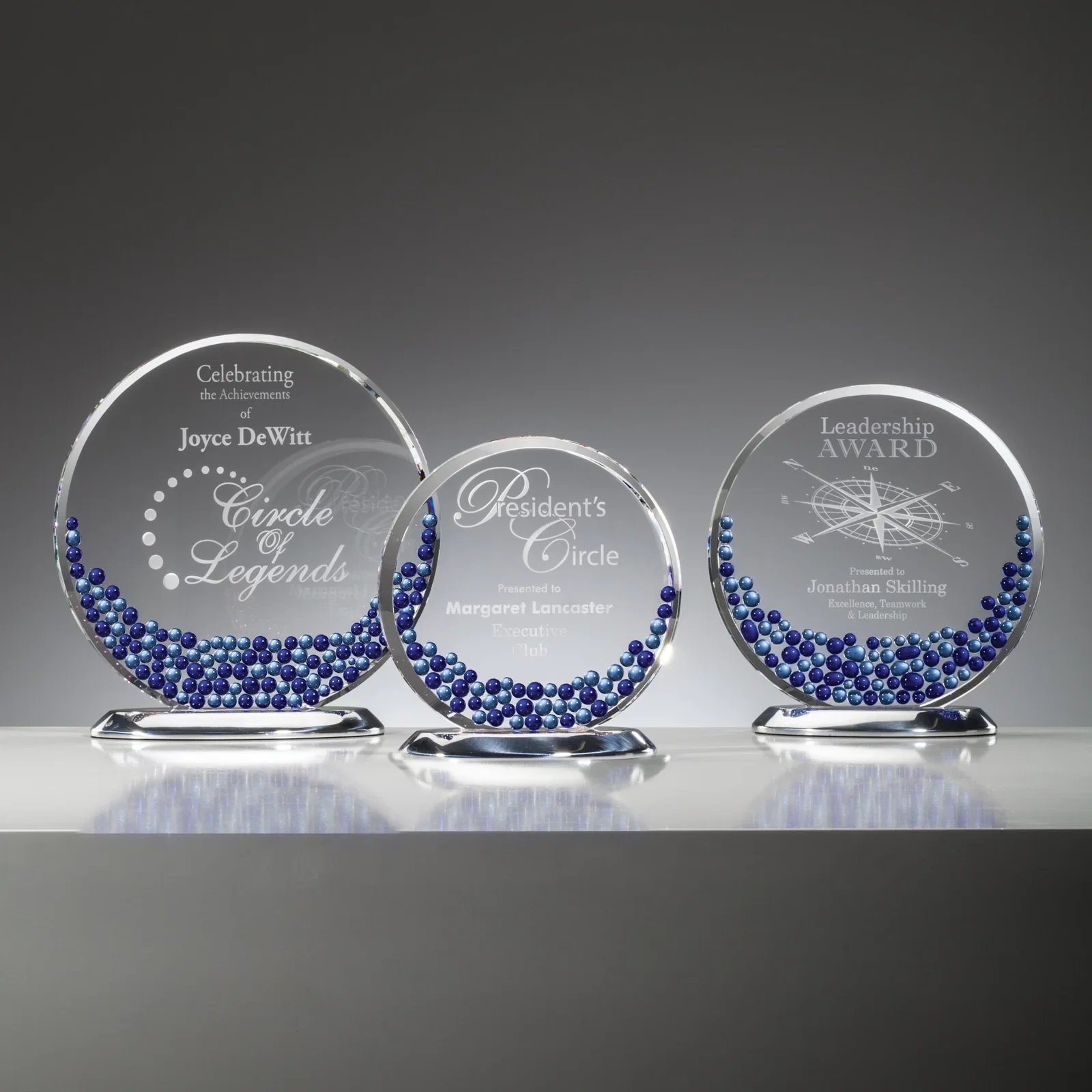 Custom Sapphire and Aquamarine Crystal Disc Award With Beads on Both Sides for employee recognition