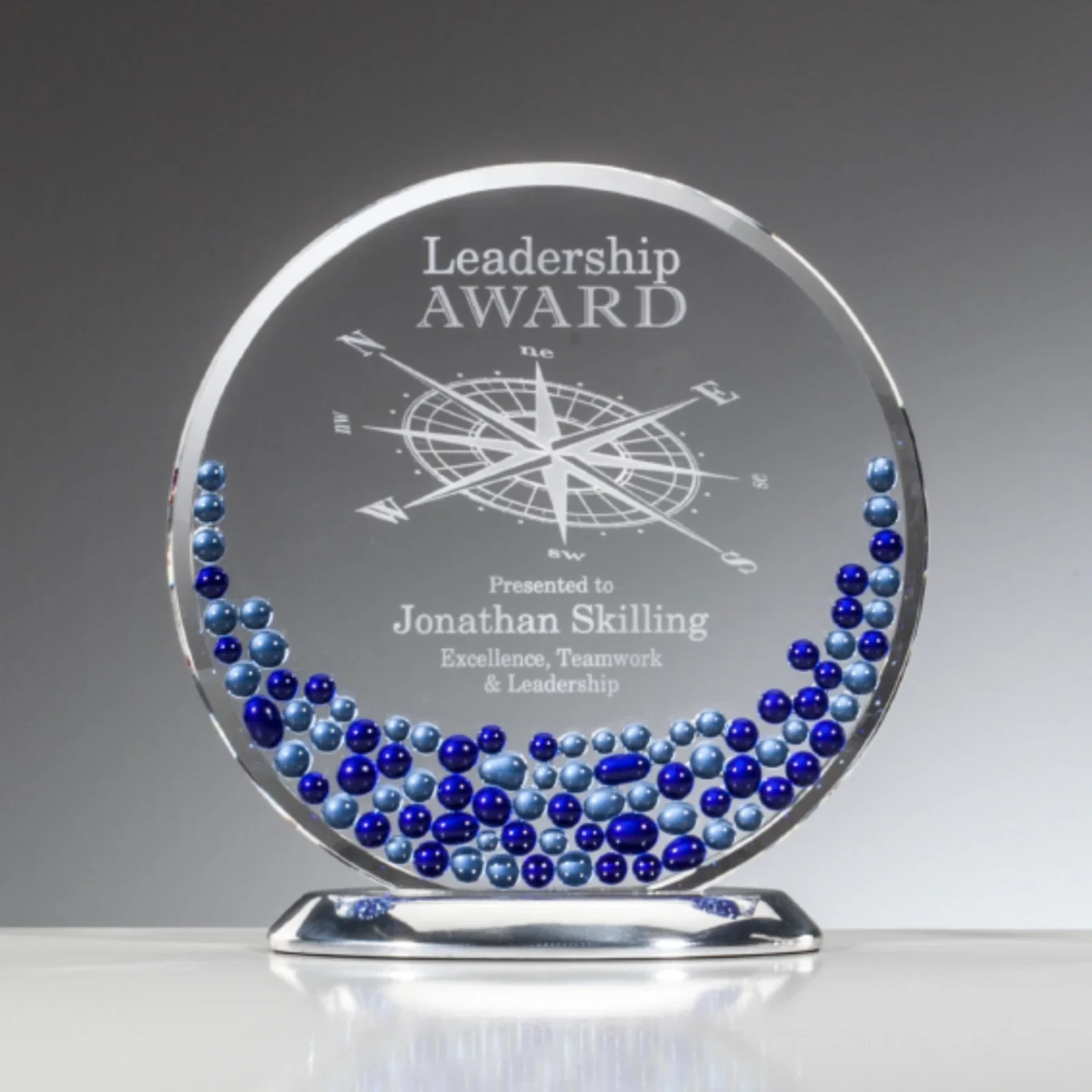 Custom Sapphire and Aquamarine Crystal Disc Award With Beads on Both Sides for corporate award ceremonies