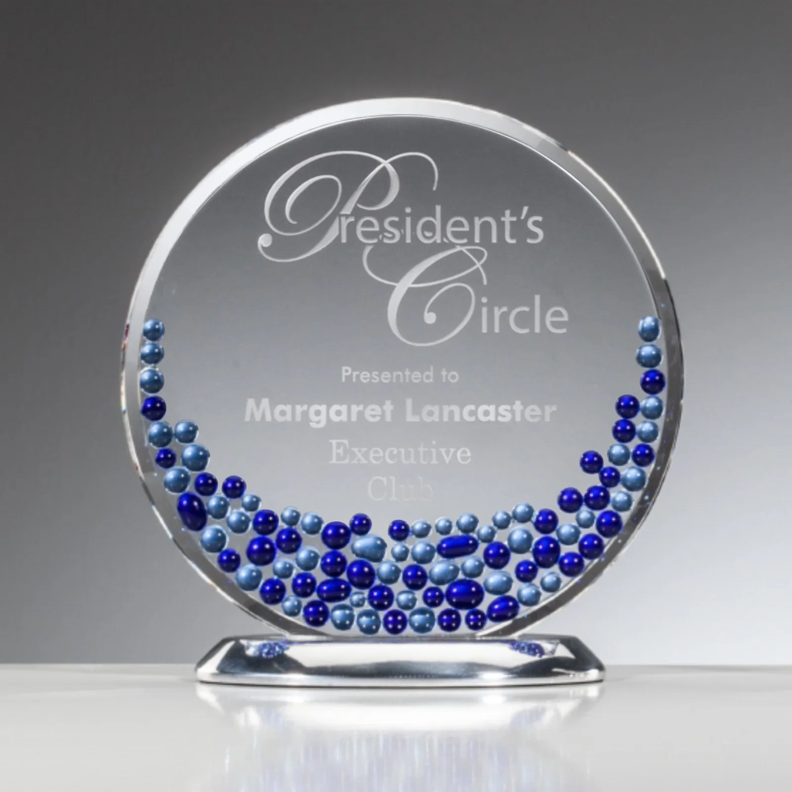 Custom Sapphire and Aquamarine Crystal Disc Award With Beads on Both Sides for service anniversary gifts