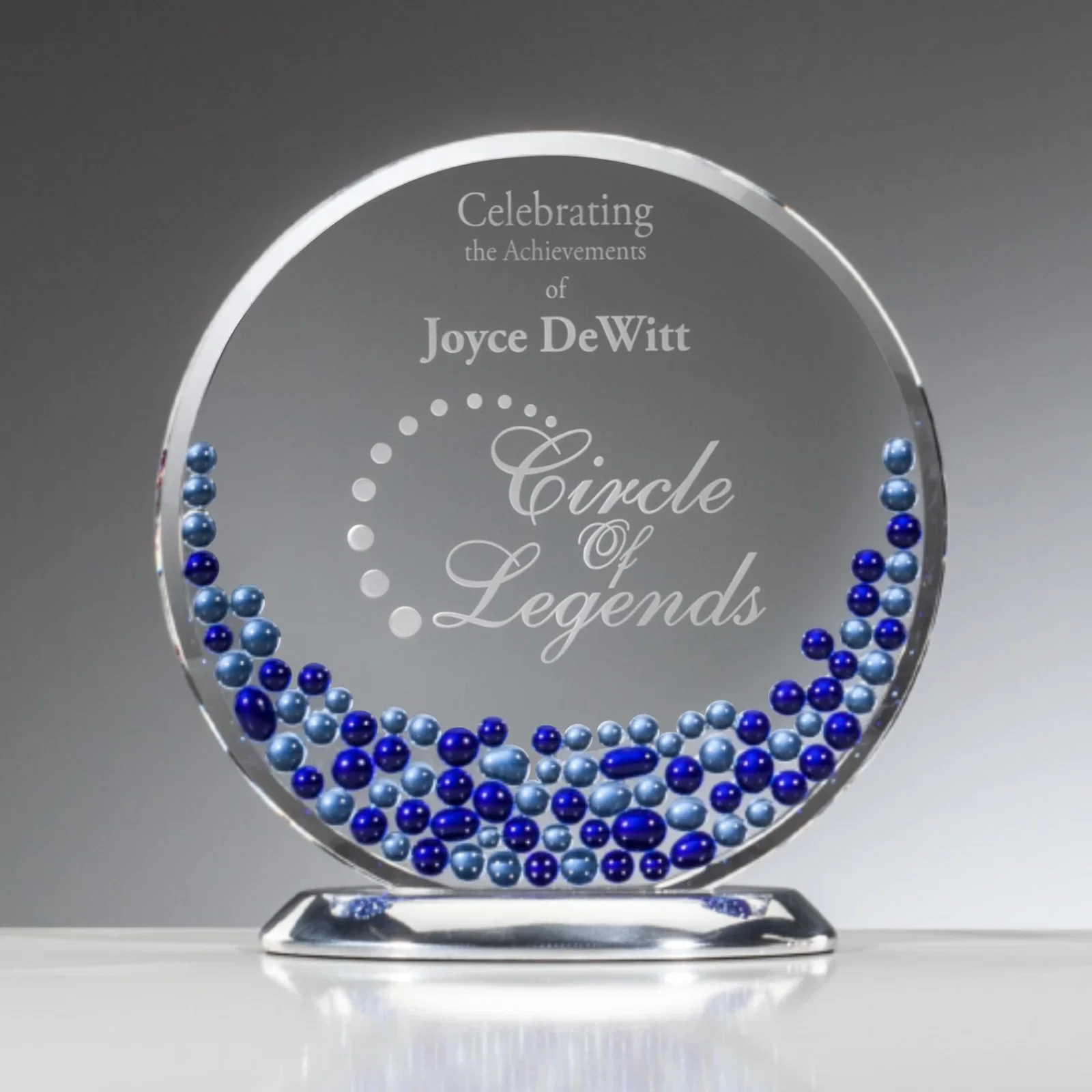 Custom Sapphire and Aquamarine Crystal Disc Award With Beads on Both Sides for sales achievement awards