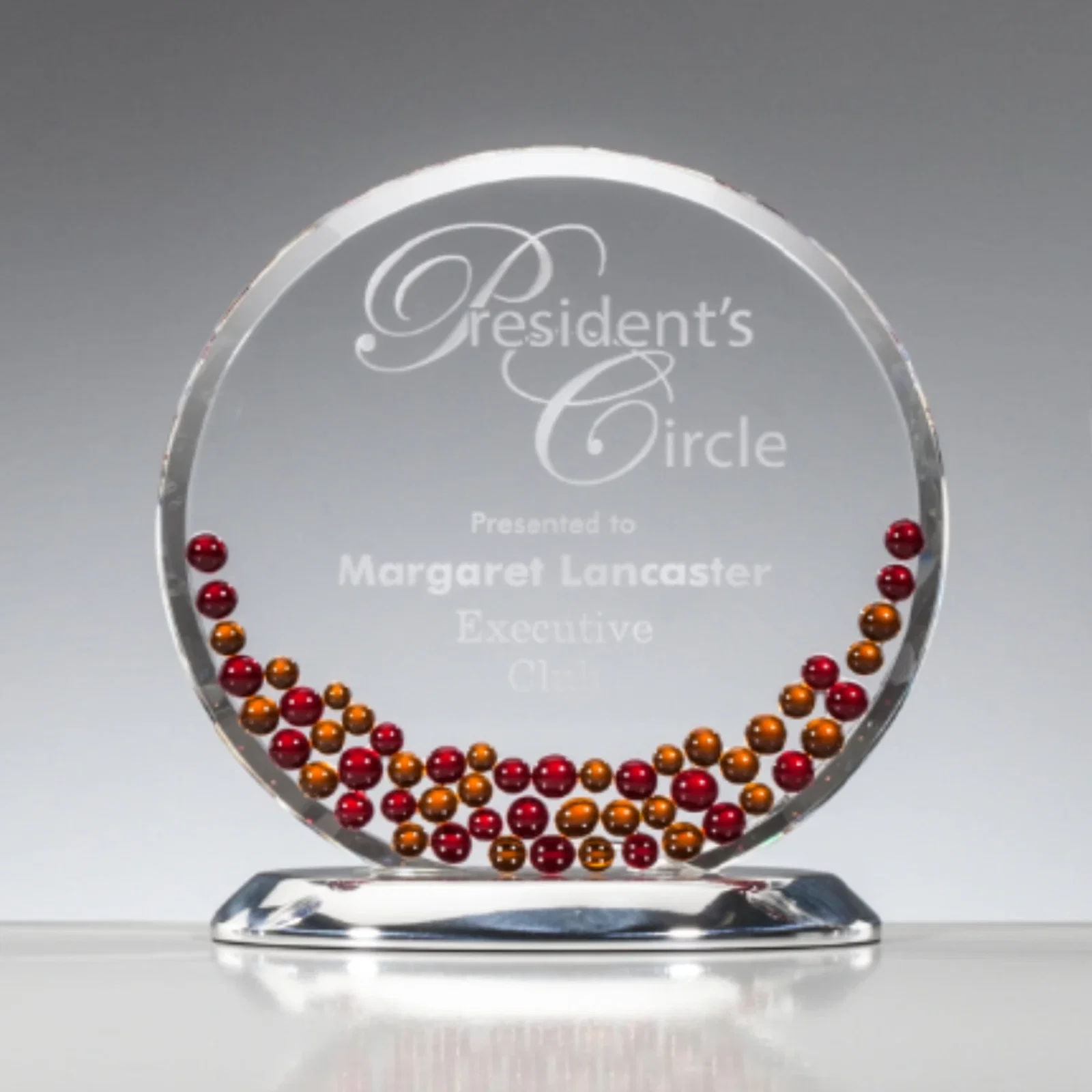 Custom Sapphire and Aquamarine Crystal Disc Award With Beads on Both Sides for donor appreciation