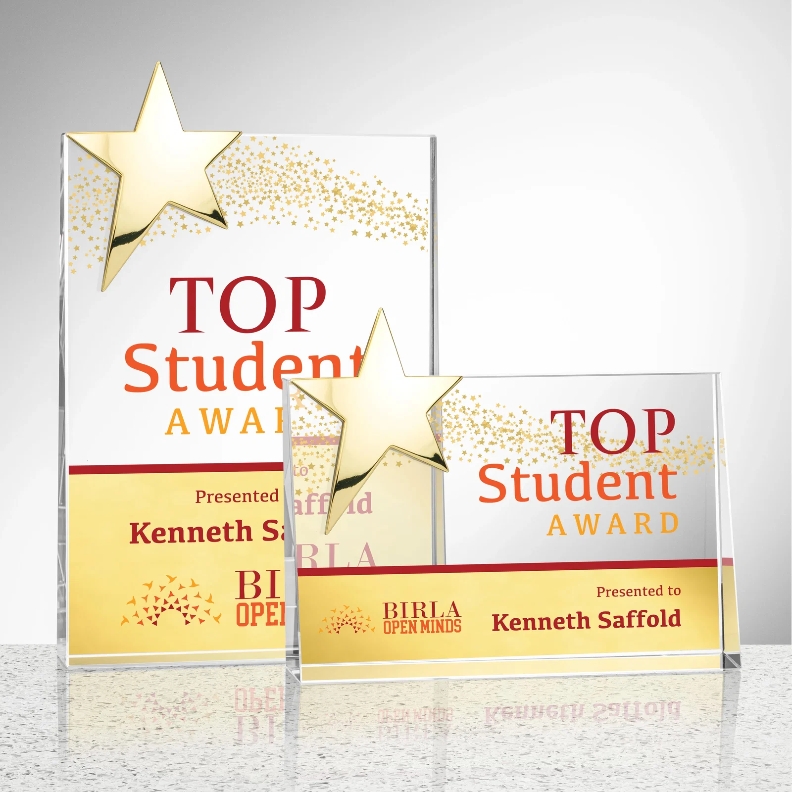 Custom Optical Crystal Wedge Award With a Gold or Silver Corner Star for employee recognition