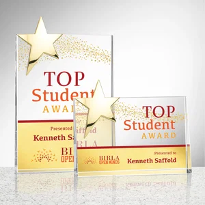 Optical Crystal Wedge Award With a Gold or Silver Corner Star