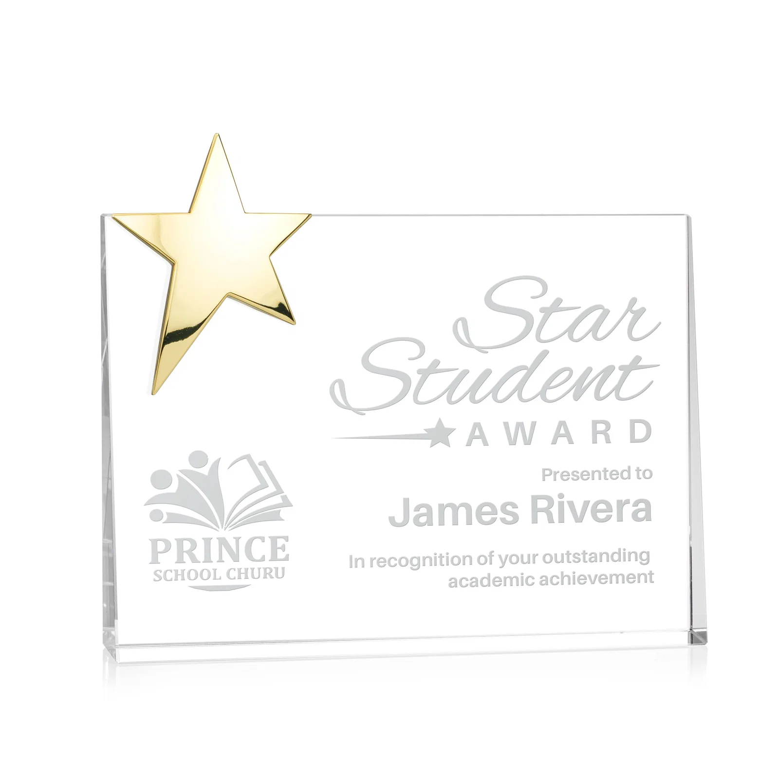 Custom Optical Crystal Wedge Award With a Gold or Silver Corner Star for volunteer appreciation
