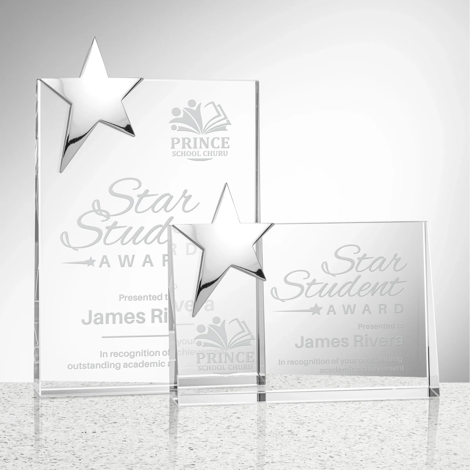 Custom Optical Crystal Wedge Award With a Gold or Silver Corner Star for company anniversary events