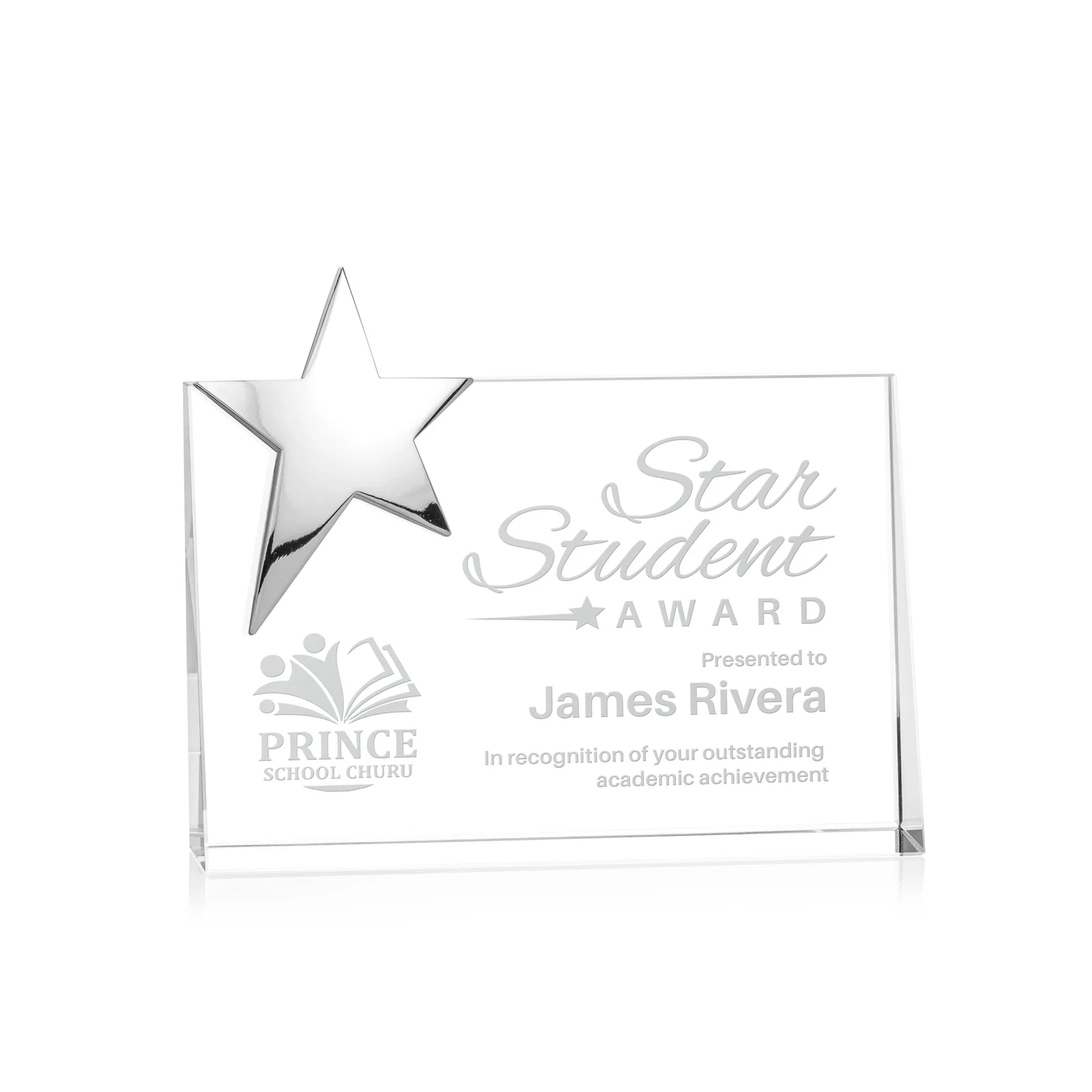 Personalized Optical Crystal Wedge Award With a Gold or Silver Corner Star for employee recognition