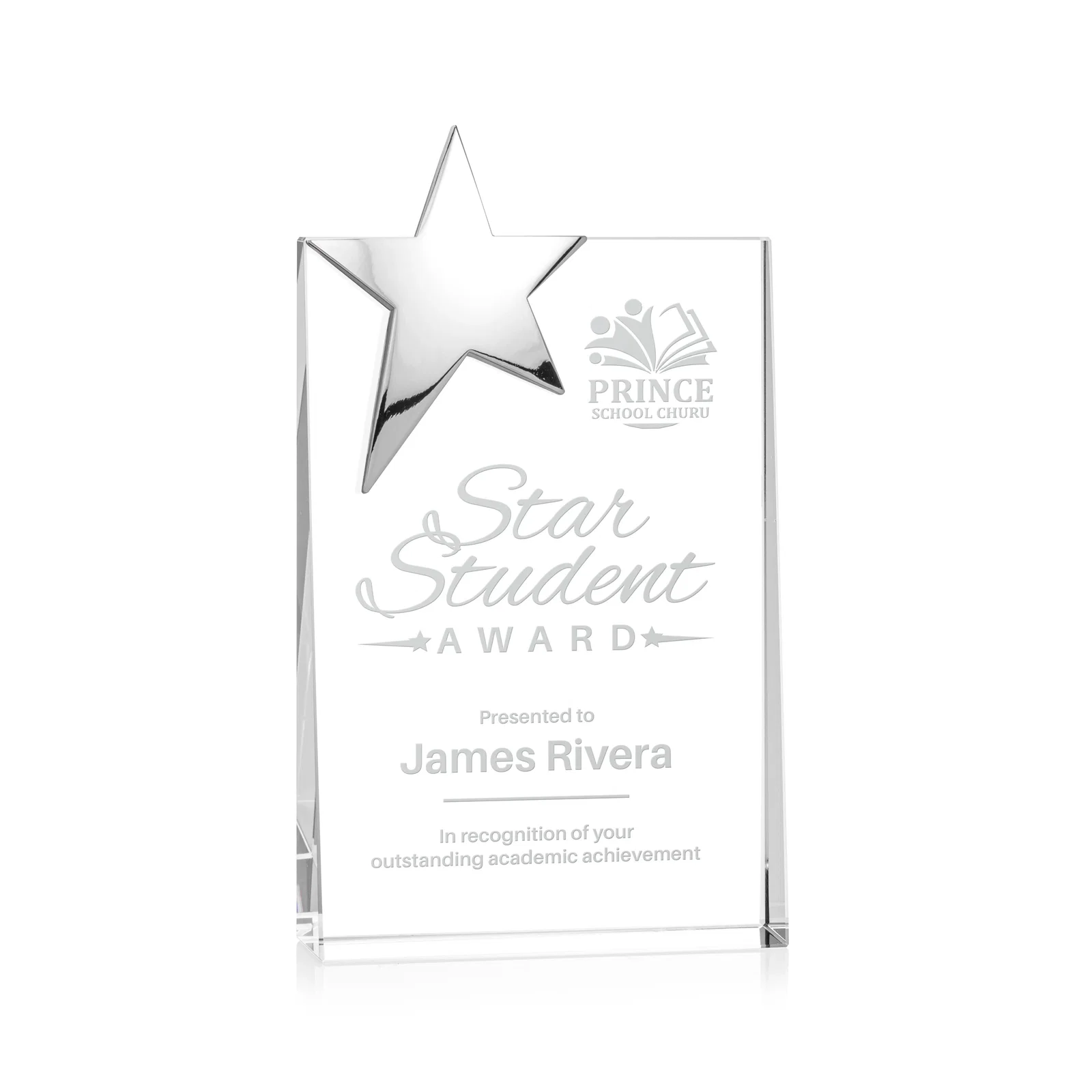 Personalized Optical Crystal Wedge Award With a Gold or Silver Corner Star for corporate award ceremonies