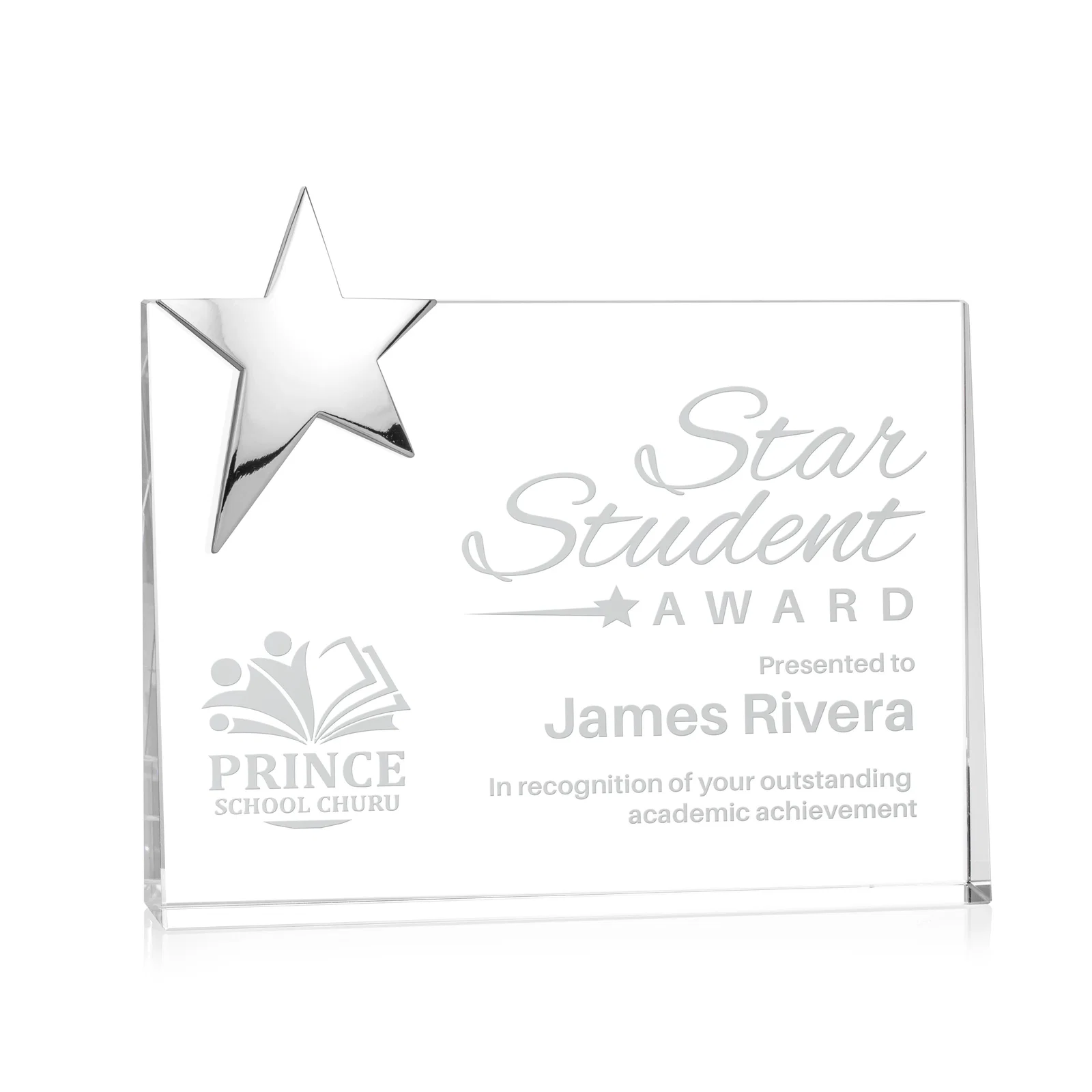 Personalized Optical Crystal Wedge Award With a Gold or Silver Corner Star for service anniversary gifts