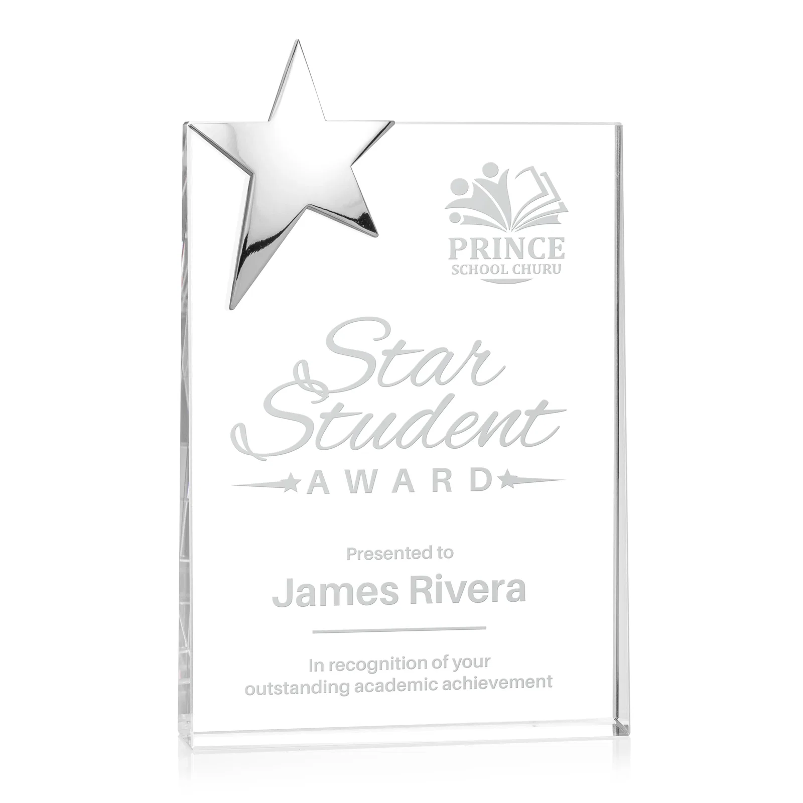 Personalized Optical Crystal Wedge Award With a Gold or Silver Corner Star for sales achievement awards