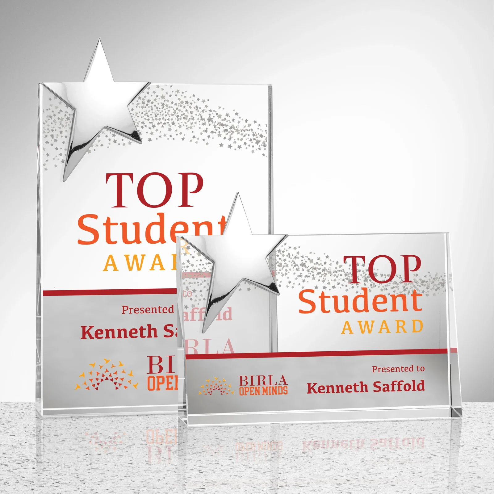 Personalized Optical Crystal Wedge Award With a Gold or Silver Corner Star for retirement presentations