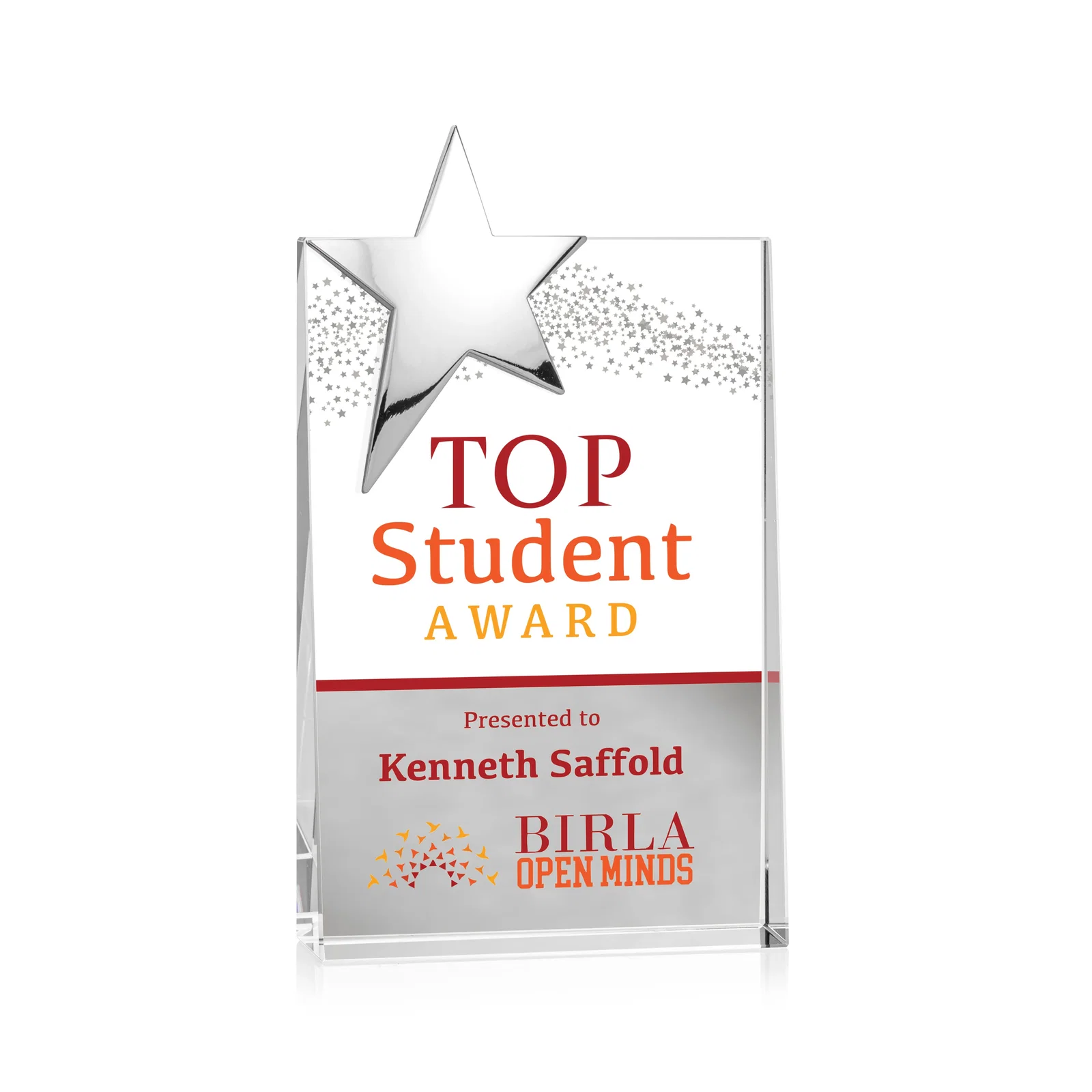 Personalized Optical Crystal Wedge Award With a Gold or Silver Corner Star for team milestone celebrations