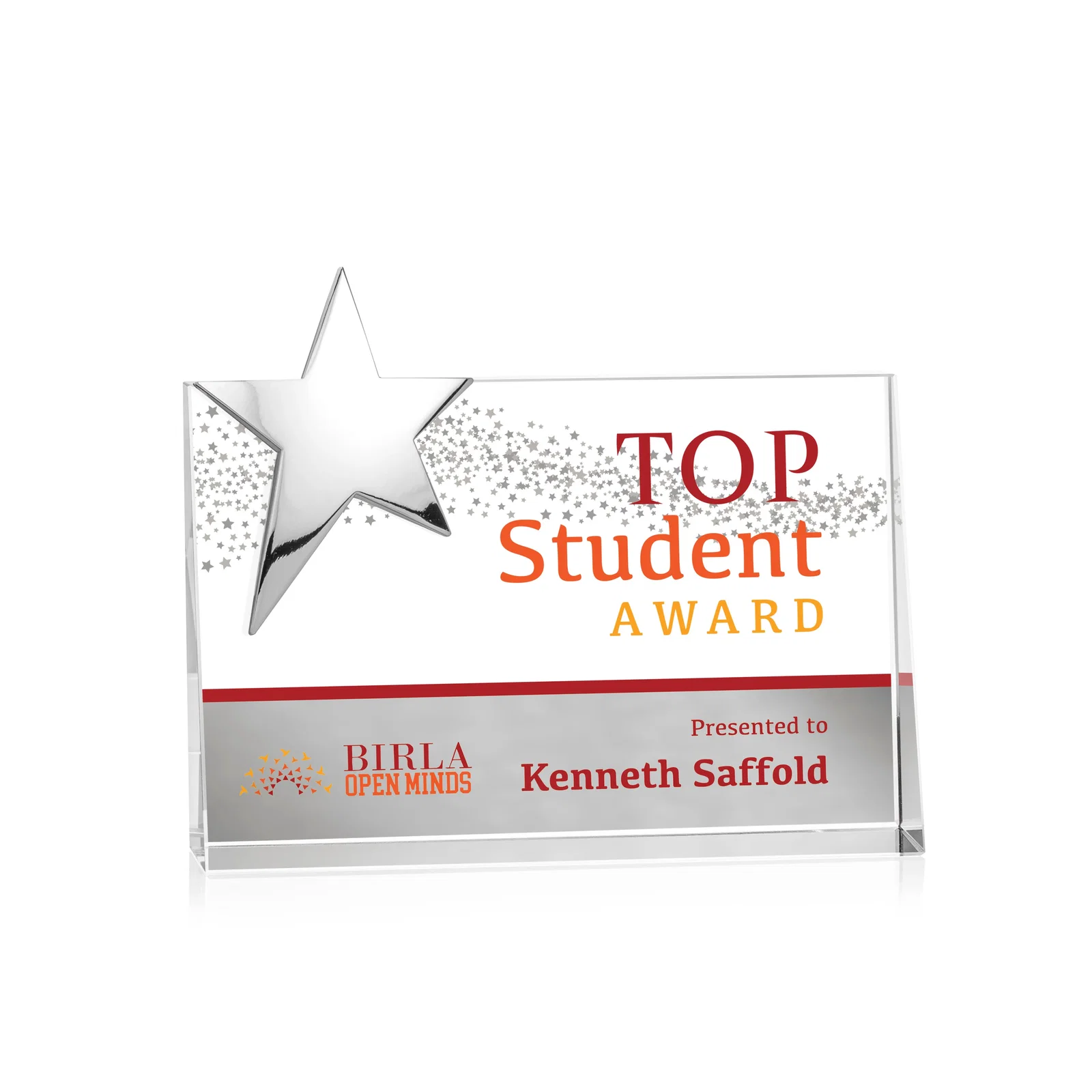 Personalized Optical Crystal Wedge Award With a Gold or Silver Corner Star for donor appreciation