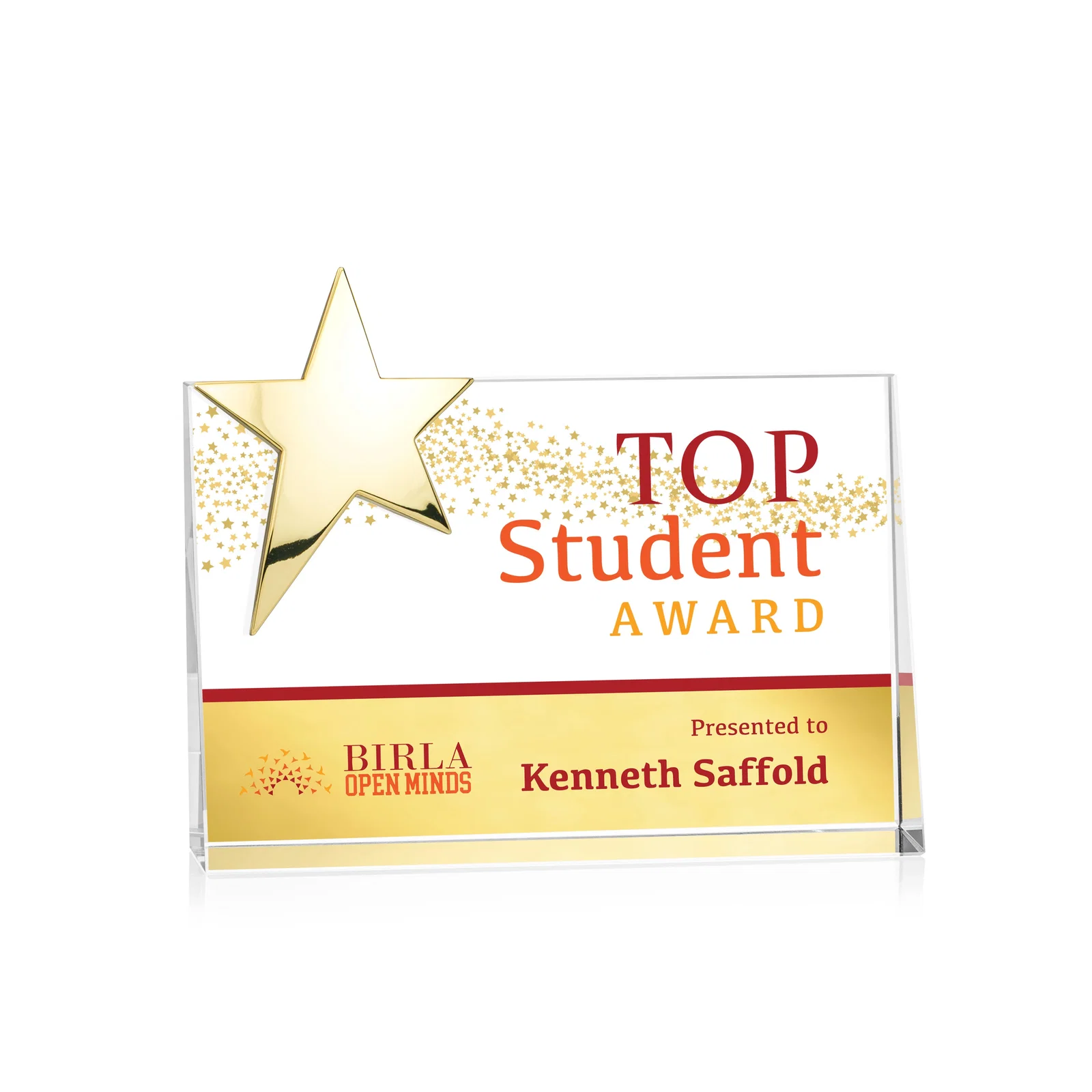 Custom Optical Crystal Wedge Award With a Gold or Silver Corner Star for corporate award ceremonies