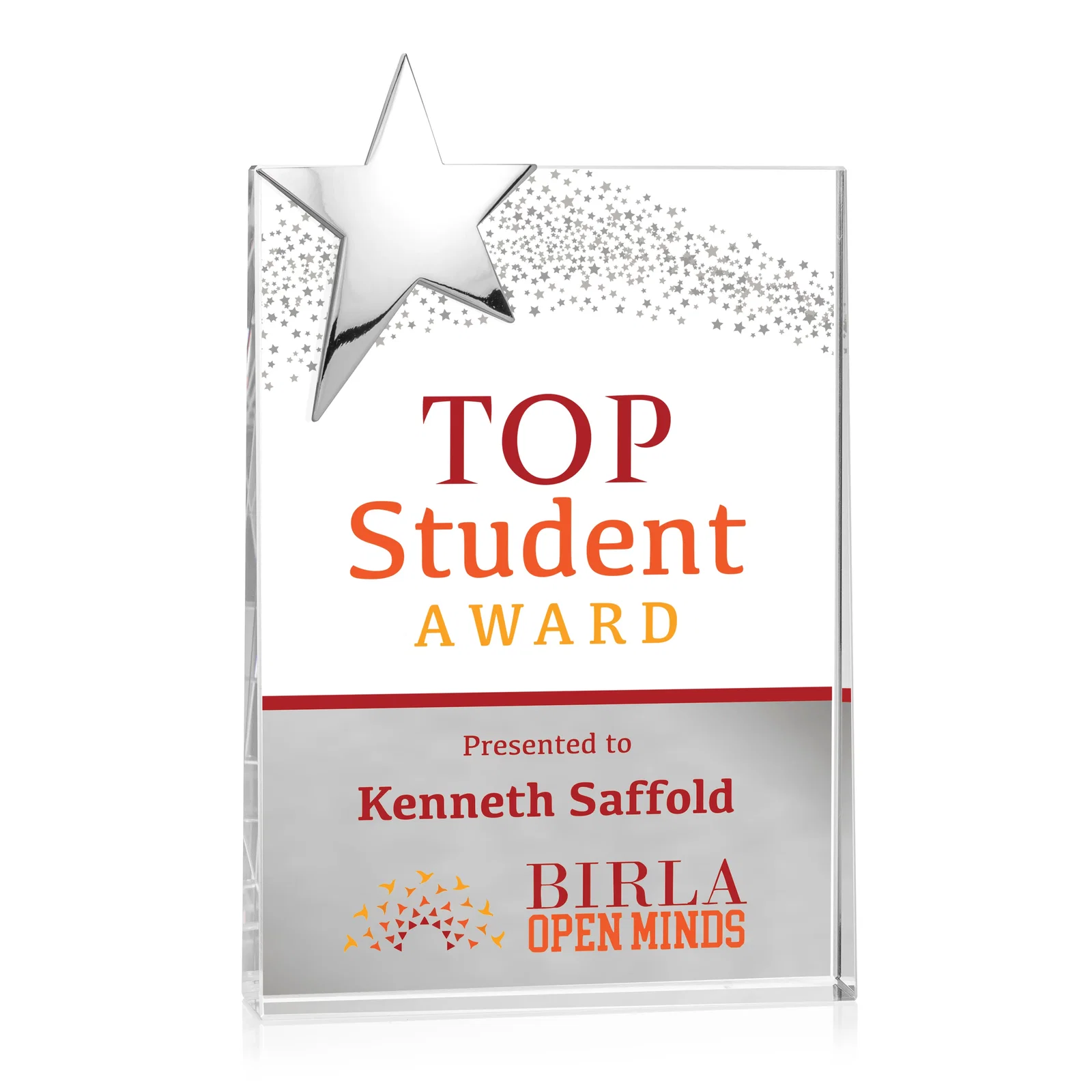 Personalized Optical Crystal Wedge Award With a Gold or Silver Corner Star for graduation ceremonies