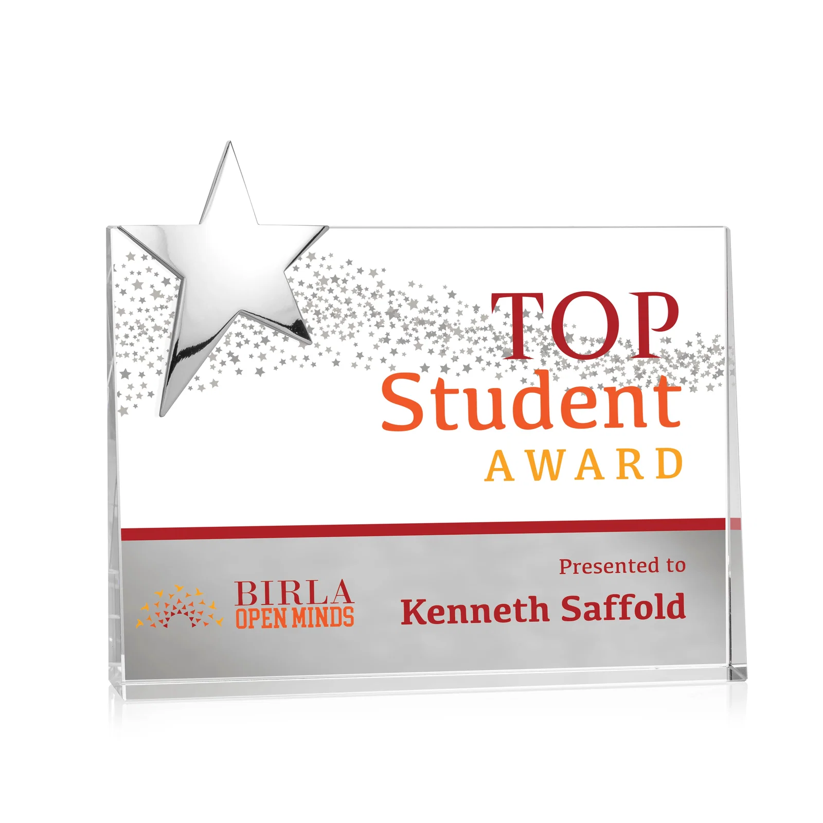 Personalized Optical Crystal Wedge Award With a Gold or Silver Corner Star for safety achievement programs