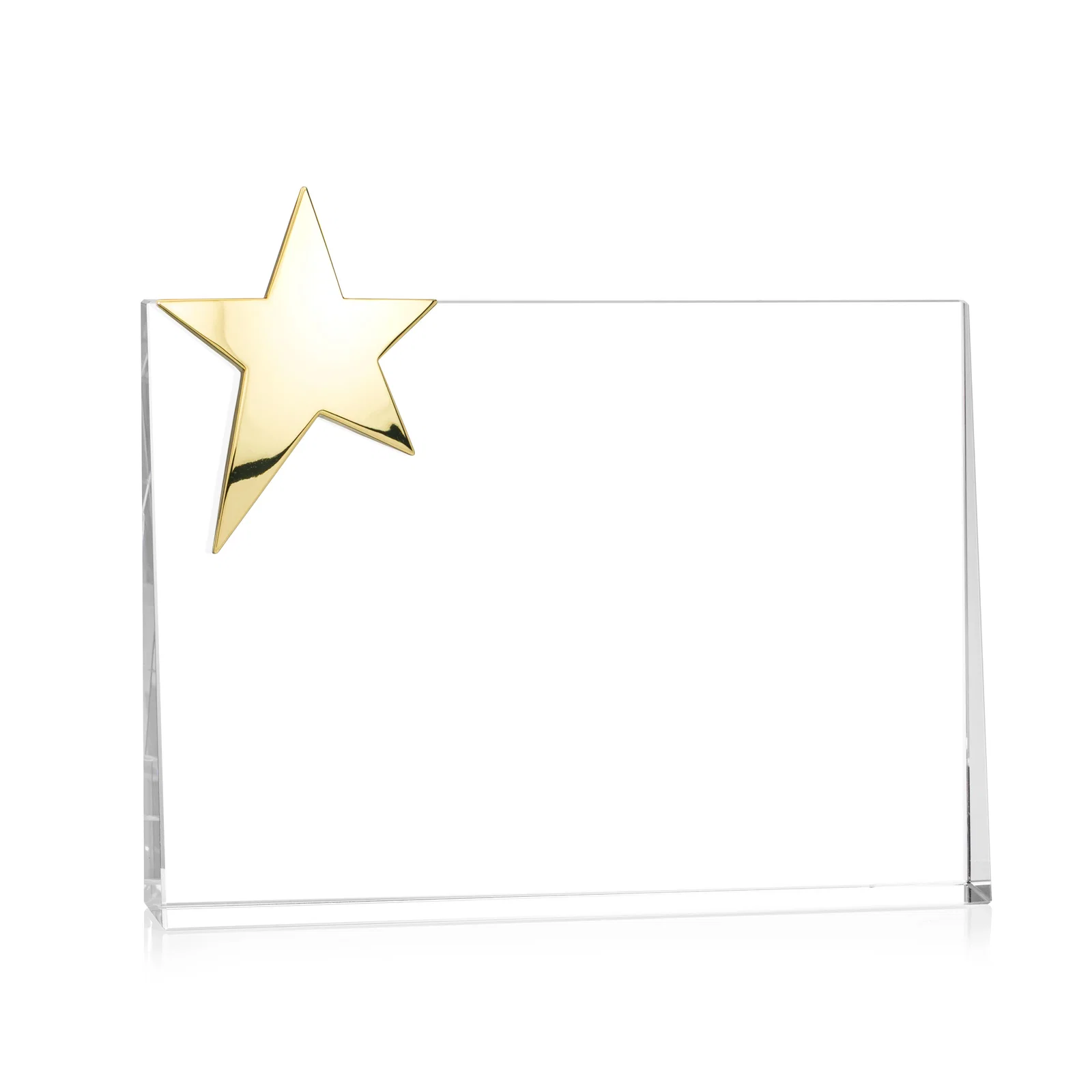 Personalized Optical Crystal Wedge Award With a Gold or Silver Corner Star for company anniversary events