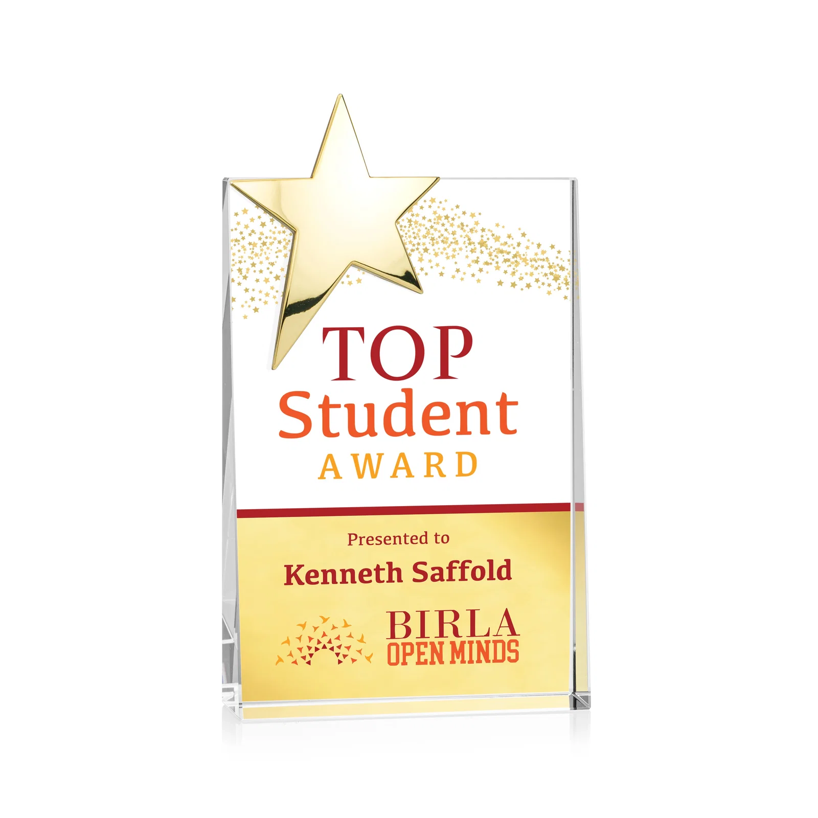 Custom Optical Crystal Wedge Award With a Gold or Silver Corner Star for service anniversary gifts
