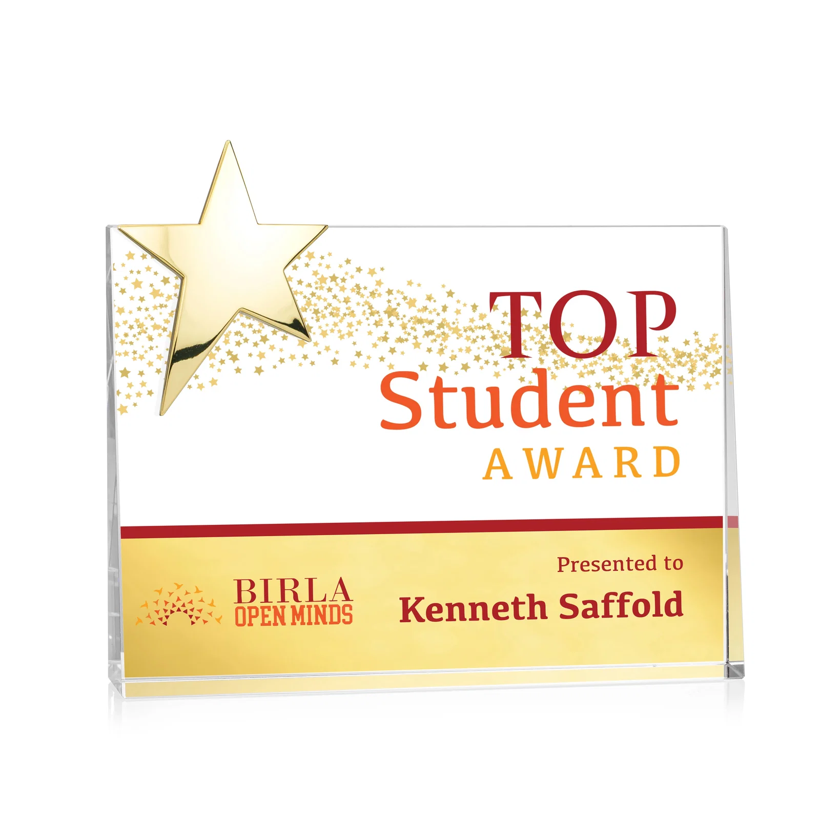 Custom Optical Crystal Wedge Award With a Gold or Silver Corner Star for sales achievement awards