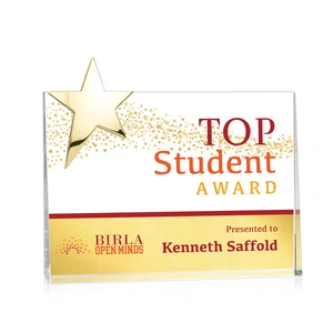 Optical Crystal Wedge Award With a Gold or Silver Corner Star