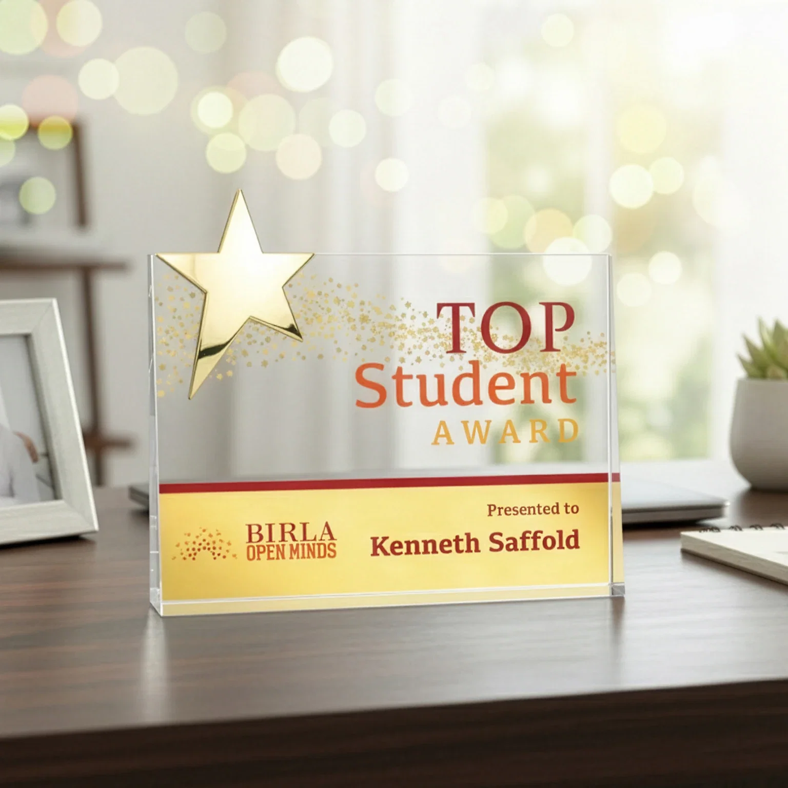 Custom Optical Crystal Wedge Award With a Gold or Silver Corner Star for team milestone celebrations