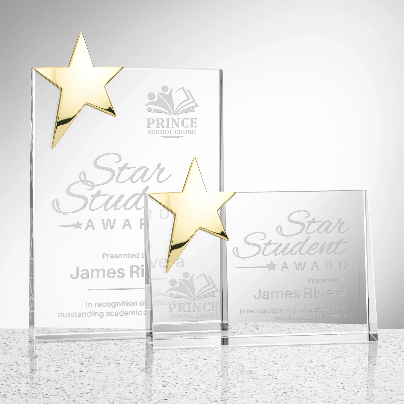 Custom Optical Crystal Wedge Award With a Gold or Silver Corner Star for donor appreciation