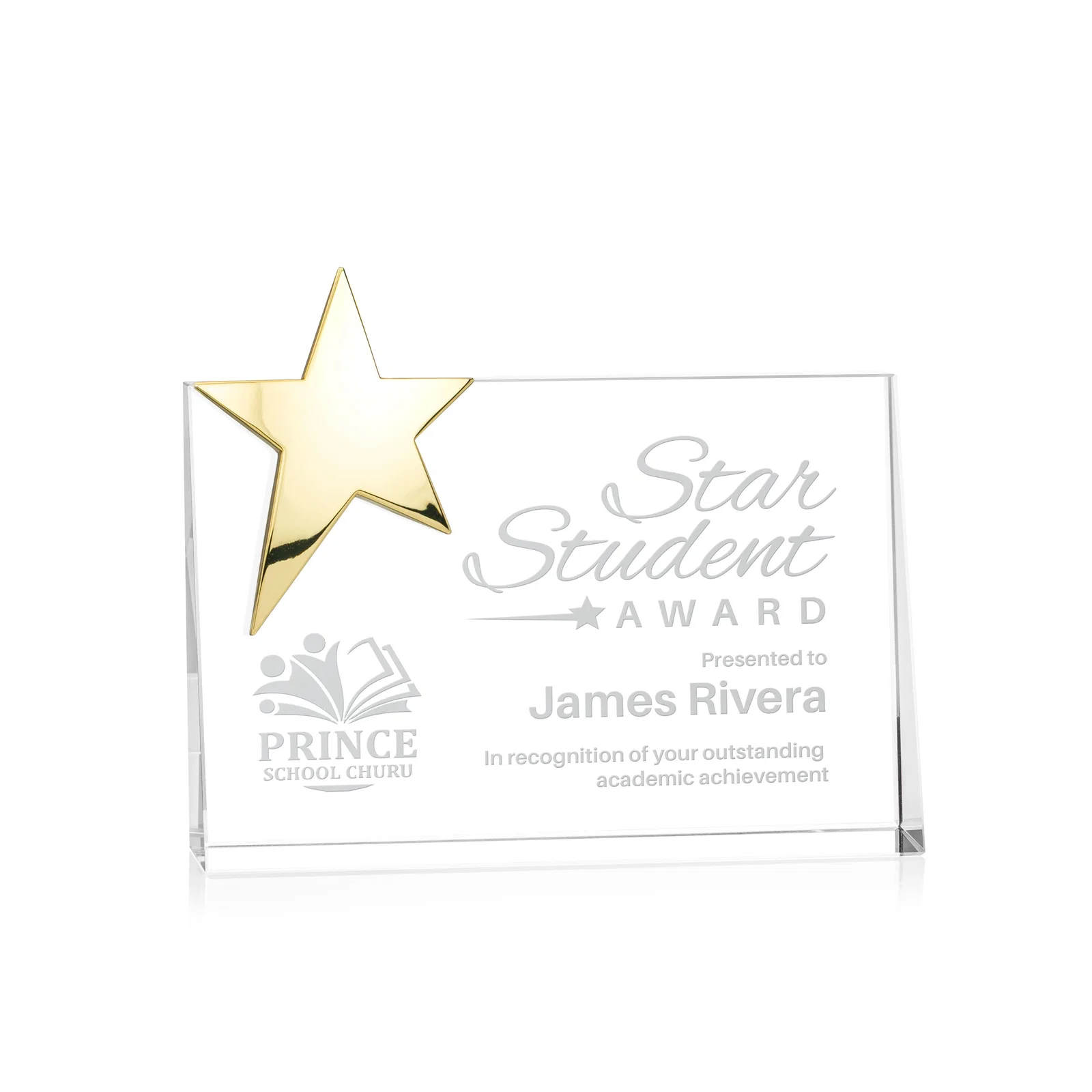 Custom Optical Crystal Wedge Award With a Gold or Silver Corner Star for graduation ceremonies