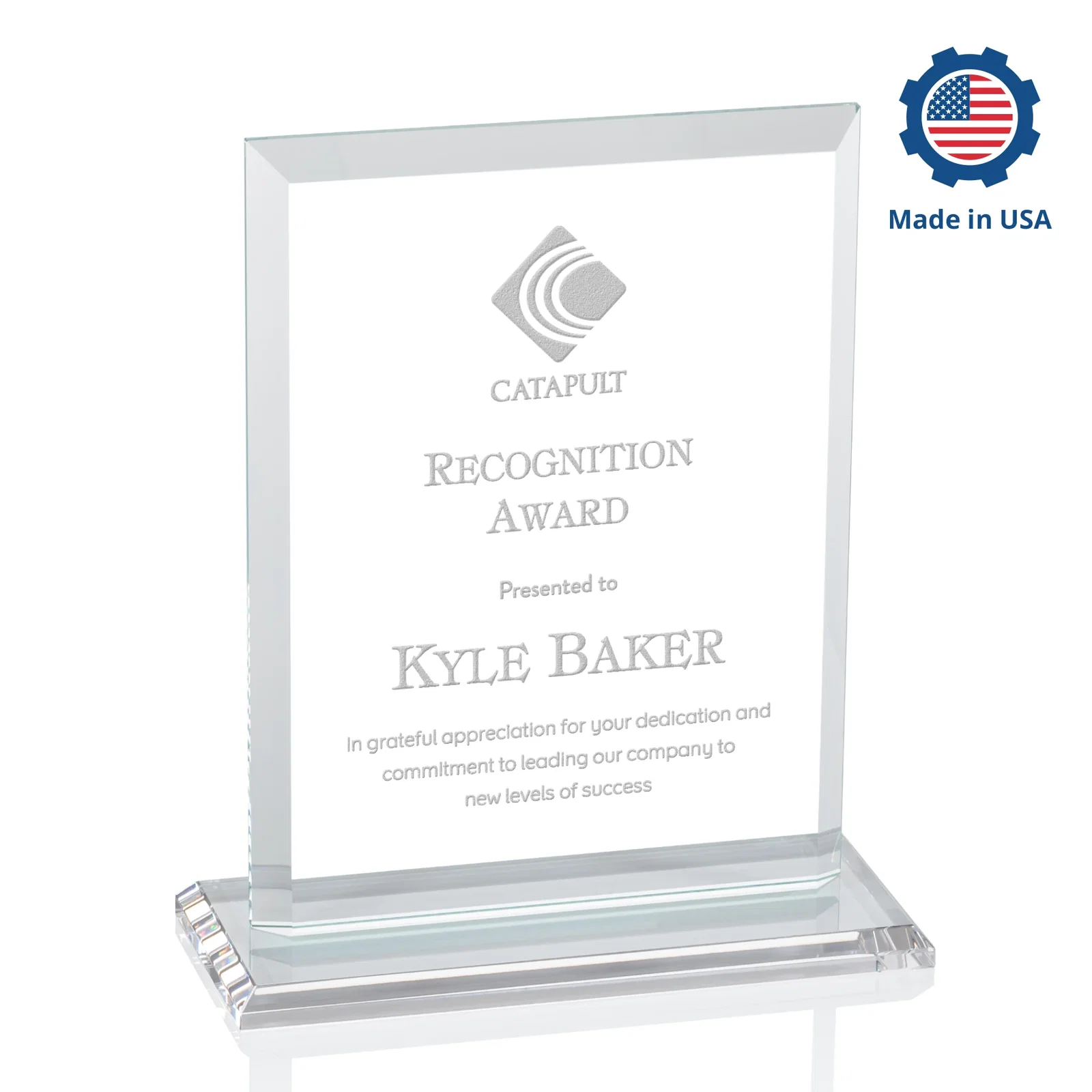 Personalized Starfire Crystal Rectangle Award, Beveled Every Edge, White Base, awards, with your logo for retirement presentations