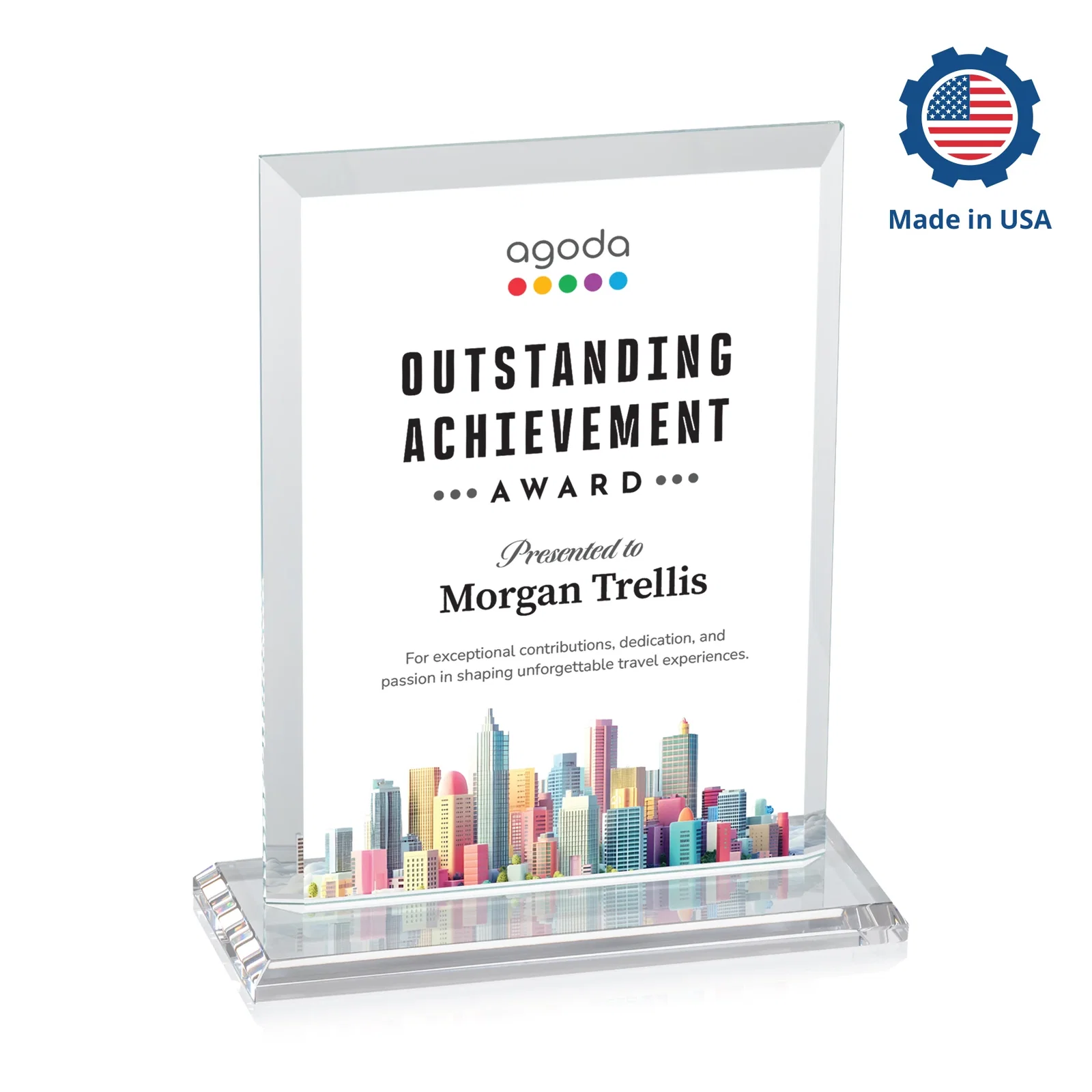 Personalized Starfire Crystal Rectangle Award, Beveled Every Edge, White Base, awards, with your logo for volunteer appreciation