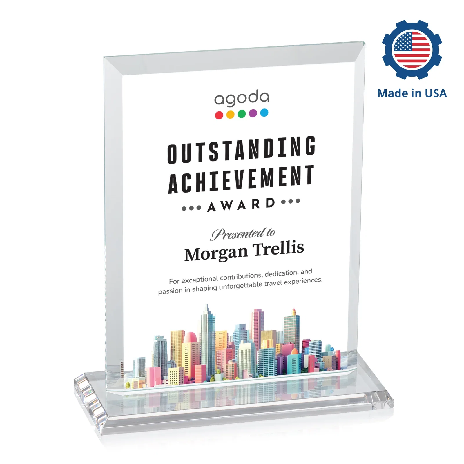 Personalized Starfire Crystal Rectangle Award, Beveled Every Edge, White Base, awards, with your logo for dealer and partner awards