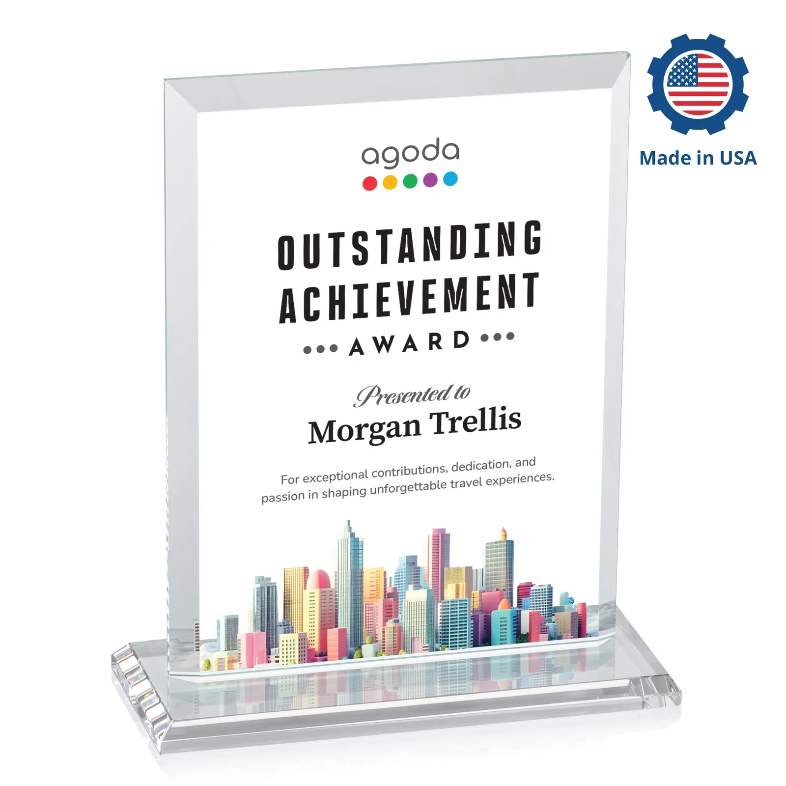 Personalized Starfire Crystal Rectangle Award, Beveled Every Edge, White Base, awards, with your logo for company anniversary events
