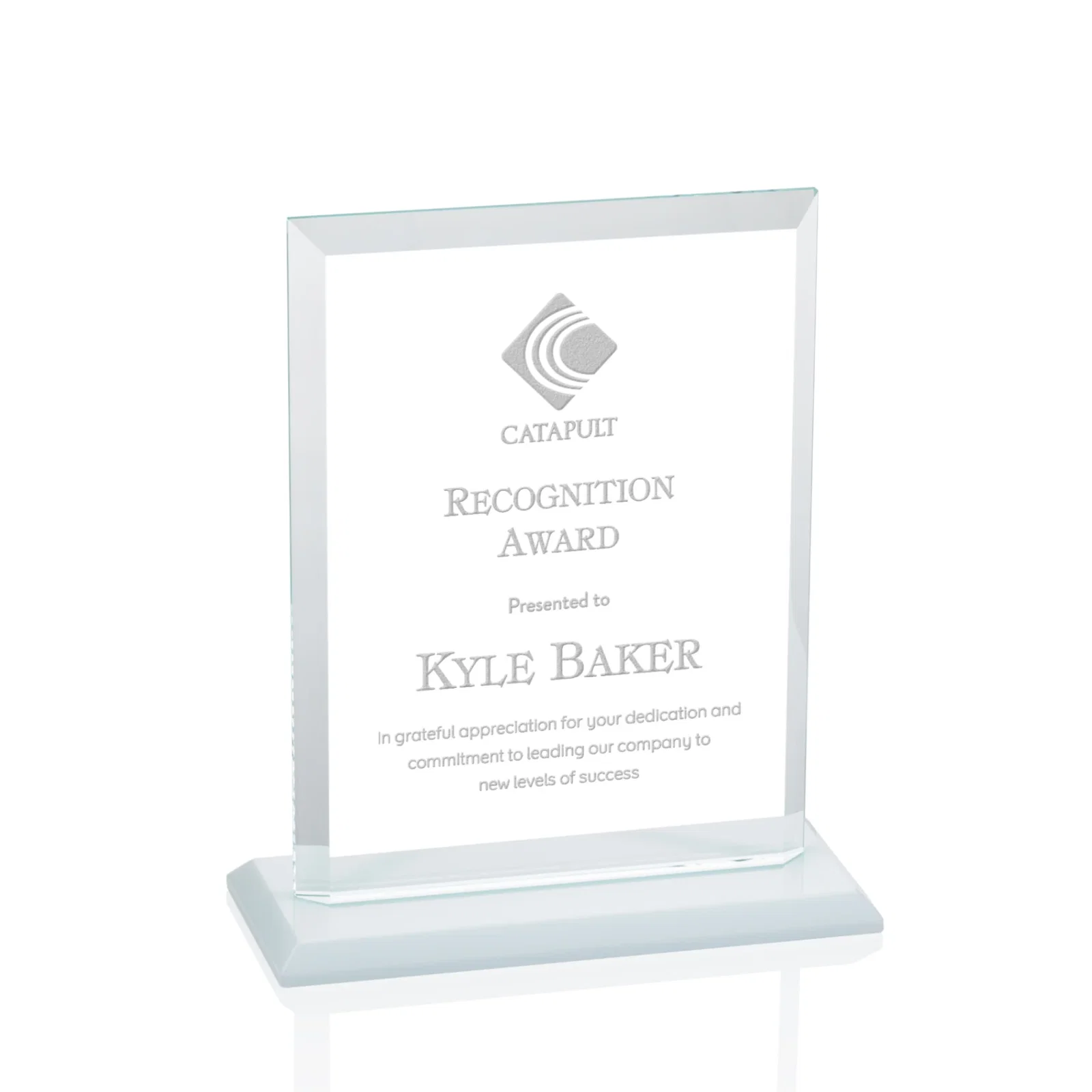 Custom Starfire Crystal Rectangle Award, Beveled Every Edge, White Base, awards for corporate award ceremonies
