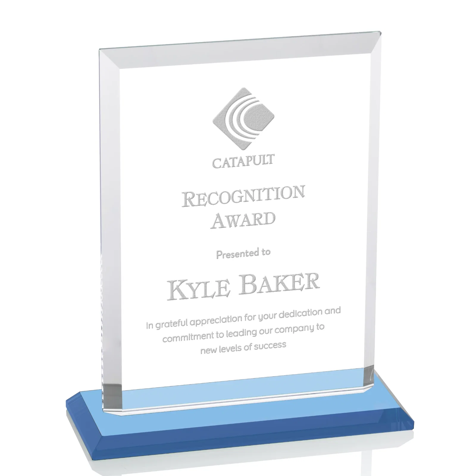 Branded Starfire Crystal Rectangle Award, Beveled Every Edge, White Base, awards for company anniversary events