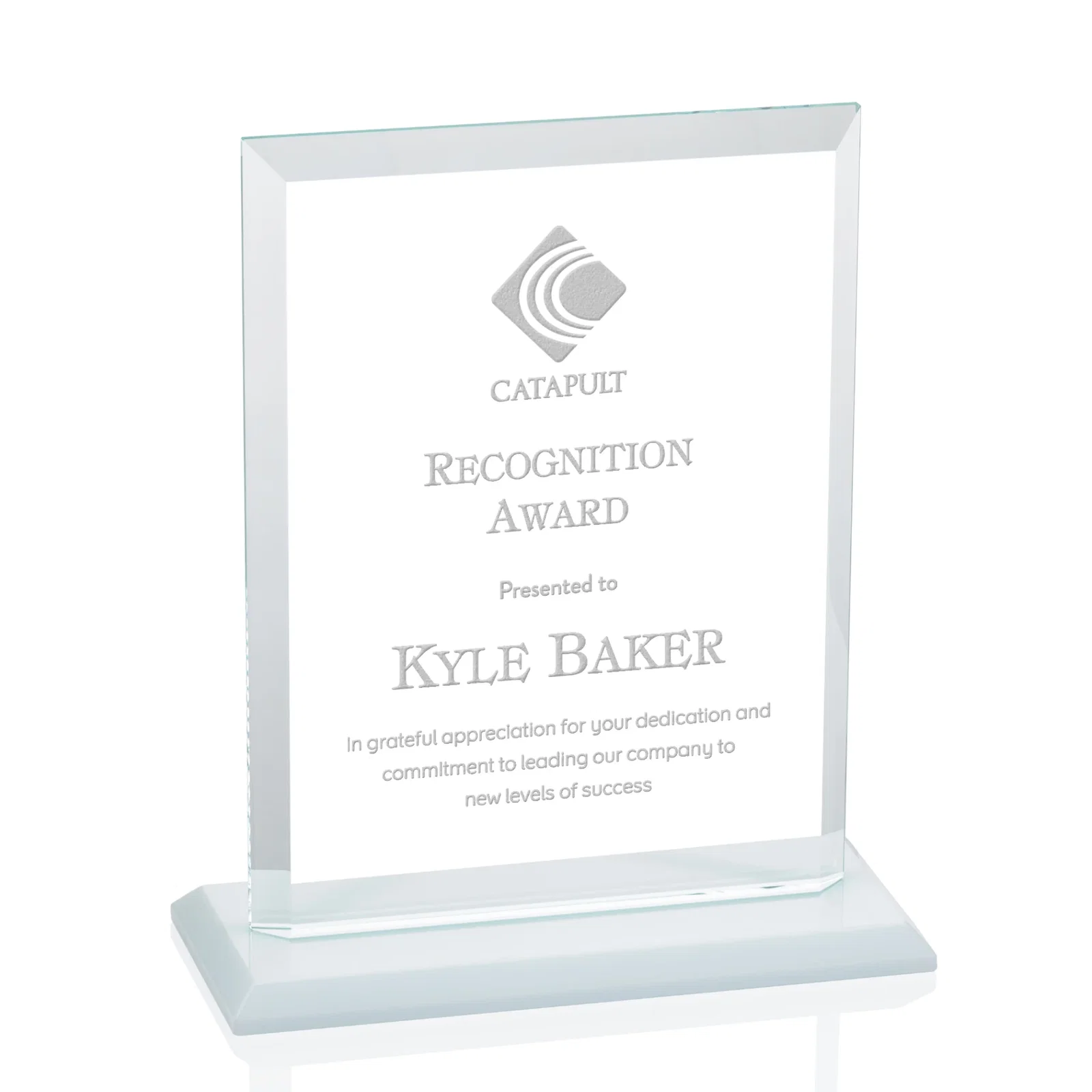 Custom Starfire Crystal Rectangle Award, Beveled Every Edge, White Base, awards for retirement presentations