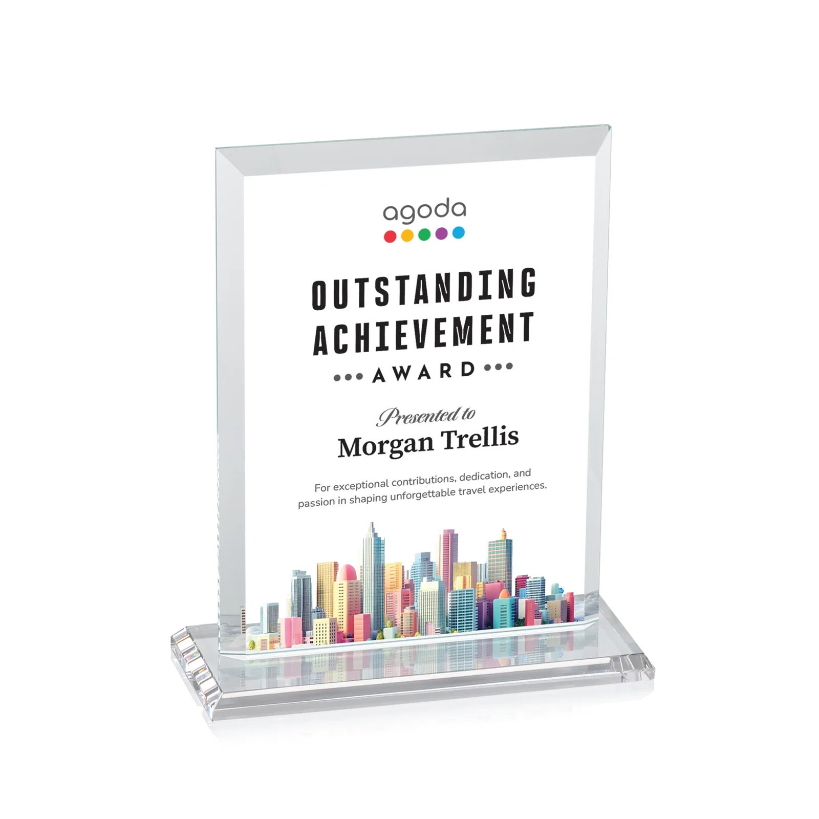 Custom printed Starfire Crystal Rectangle Award, Beveled Every Edge, White Base, awards for corporate award ceremonies
