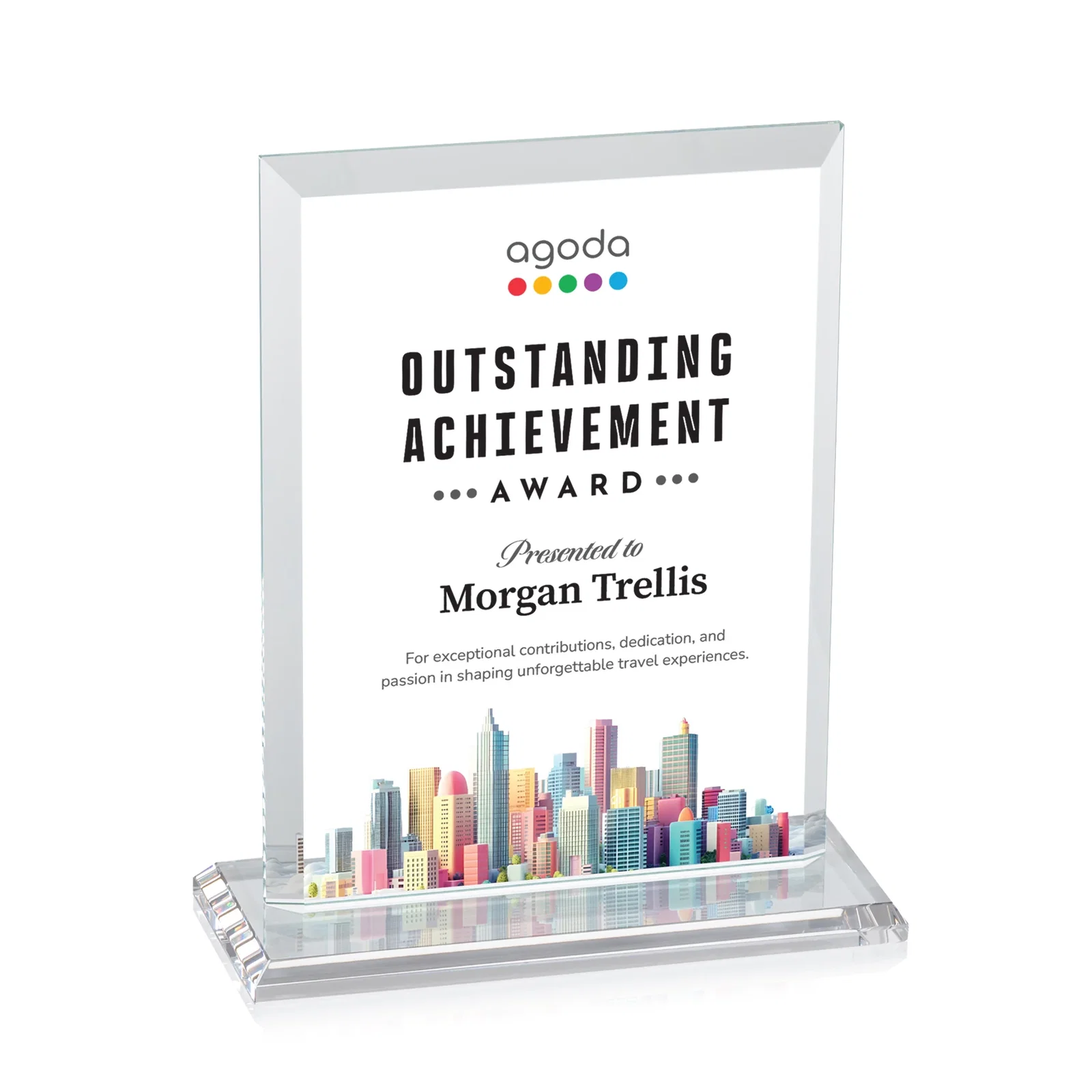Custom printed Starfire Crystal Rectangle Award, Beveled Every Edge, White Base, awards for sales achievement awards