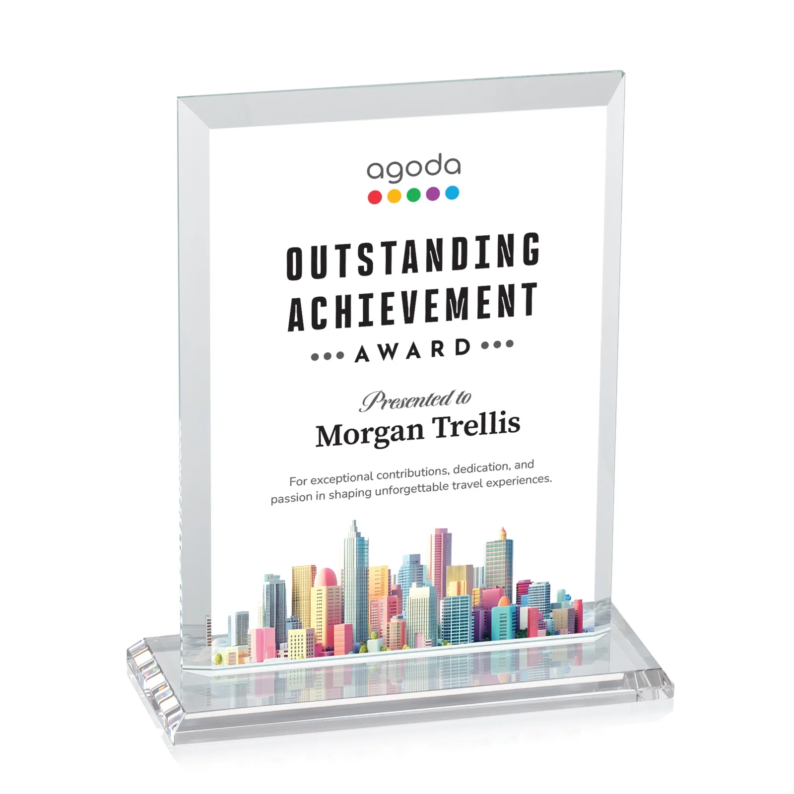 Custom printed Starfire Crystal Rectangle Award, Beveled Every Edge, White Base, awards for retirement presentations