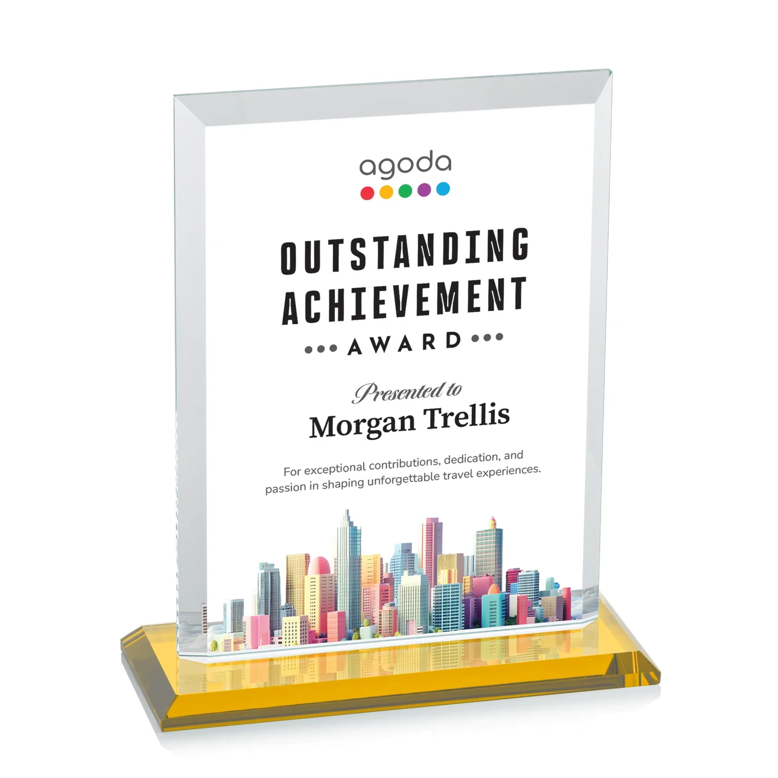 Custom printed Starfire Crystal Rectangle Award, Beveled Every Edge, White Base, awards for dealer and partner awards
