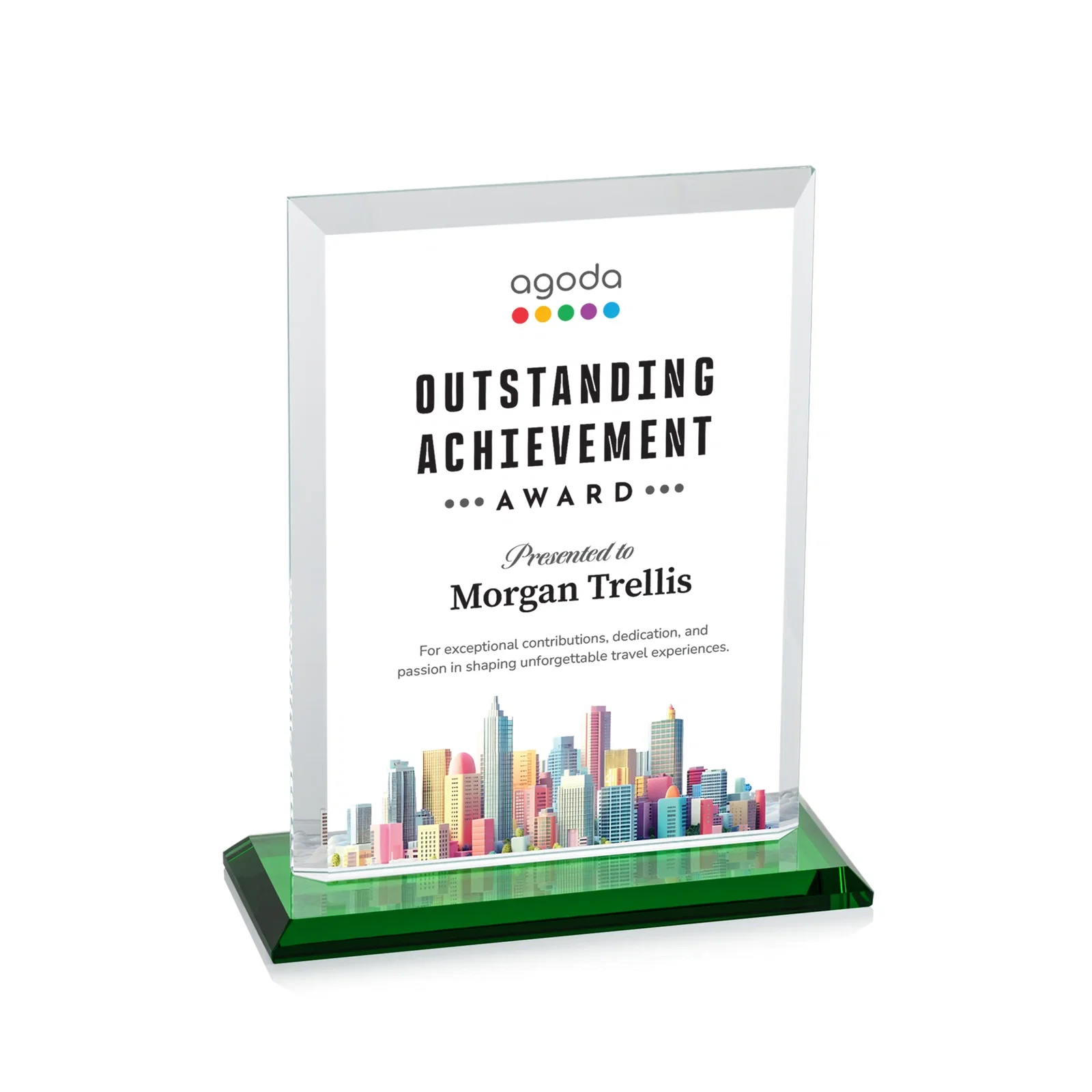 Customized Starfire Crystal Rectangle Award, Beveled Every Edge, White Base, awards for corporate award ceremonies