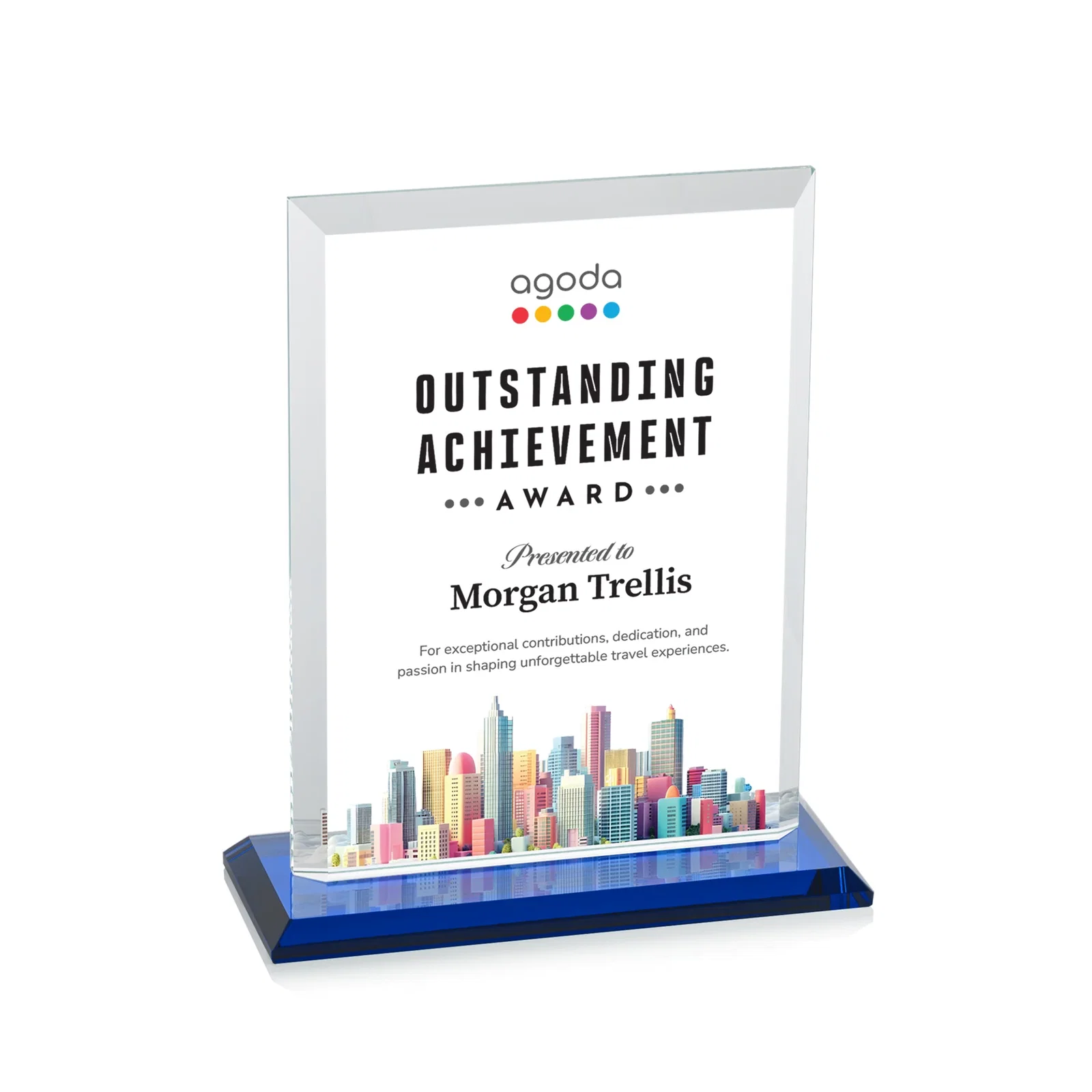 Custom engraved Starfire Crystal Rectangle Award, Beveled Every Edge, White Base, awards for corporate award ceremonies