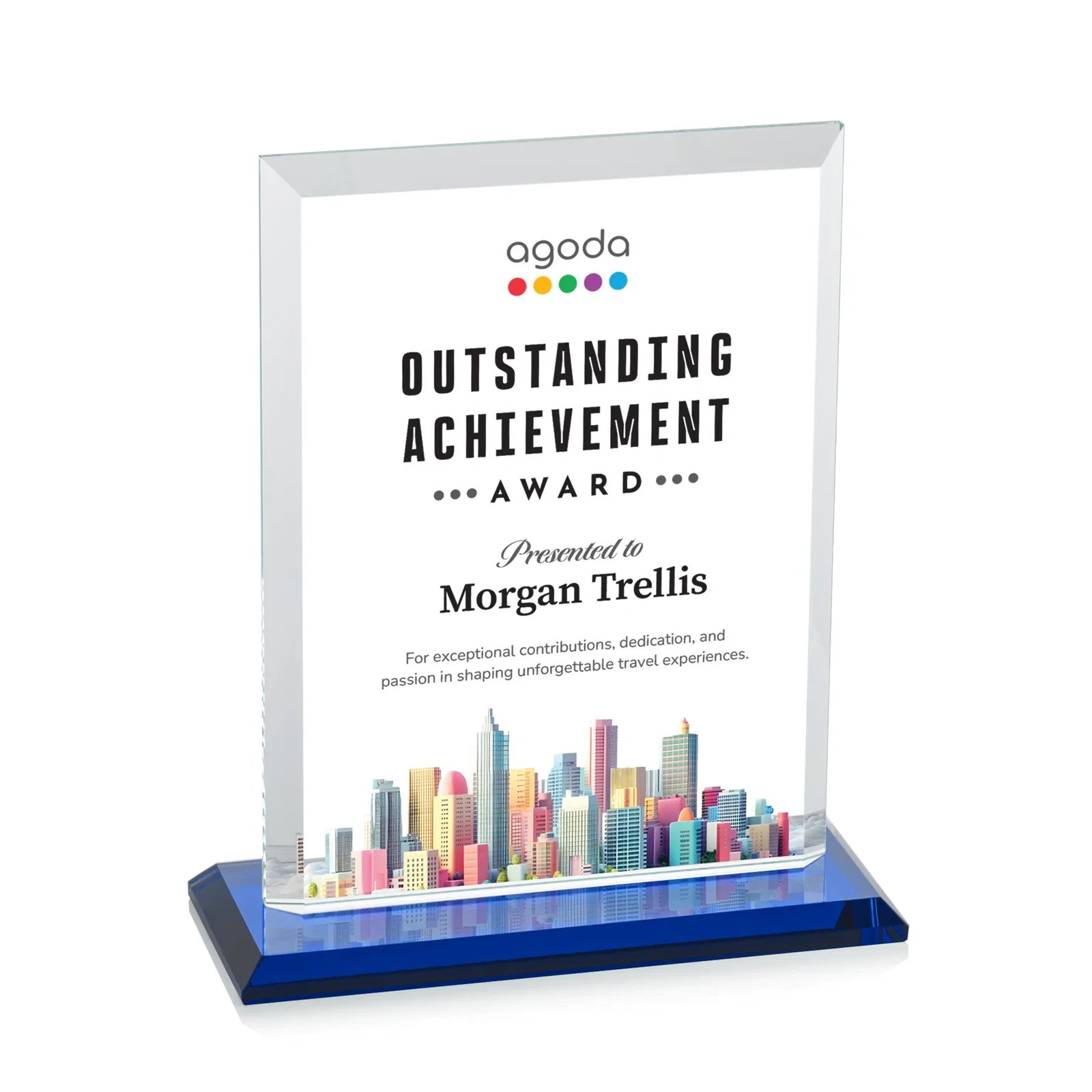 Custom engraved Starfire Crystal Rectangle Award, Beveled Every Edge, White Base, awards for sales achievement awards