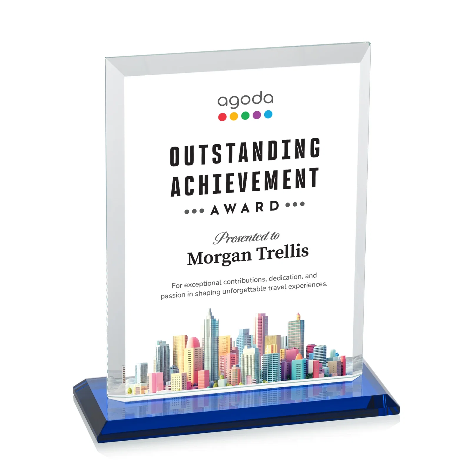 Custom engraved Starfire Crystal Rectangle Award, Beveled Every Edge, White Base, awards for retirement presentations