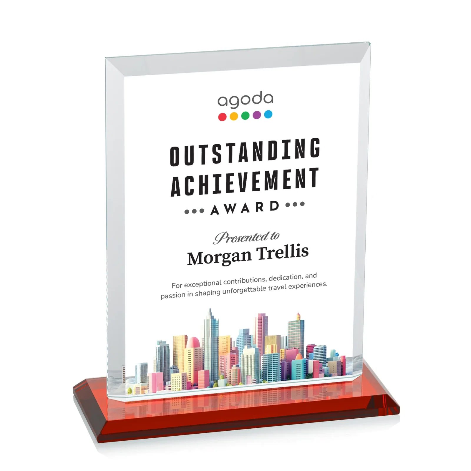 Custom engraved Starfire Crystal Rectangle Award, Beveled Every Edge, White Base, awards for dealer and partner awards