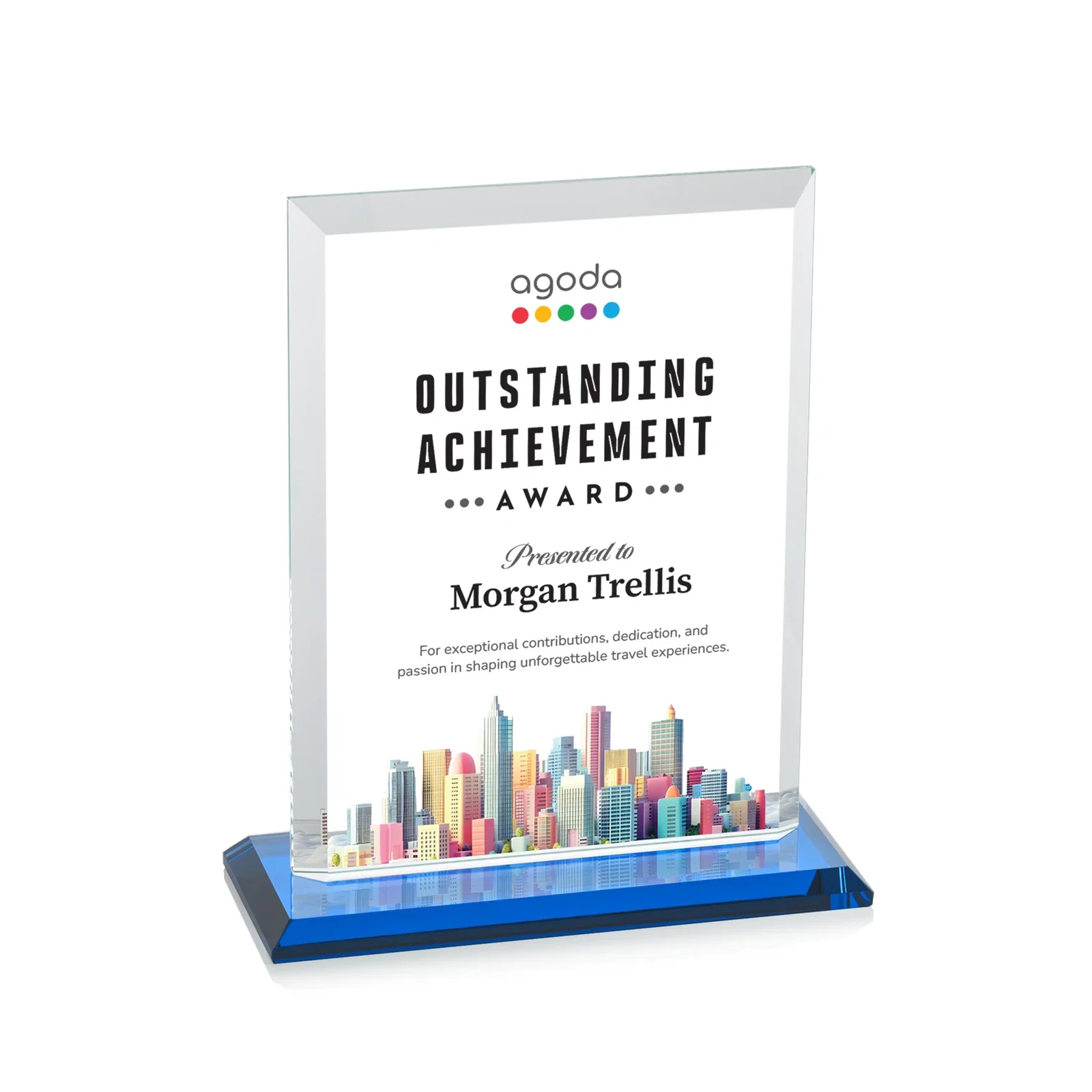 Custom Starfire Crystal Rectangle Award, Beveled Every Edge, White Base, awards, with your logo for corporate award ceremonies