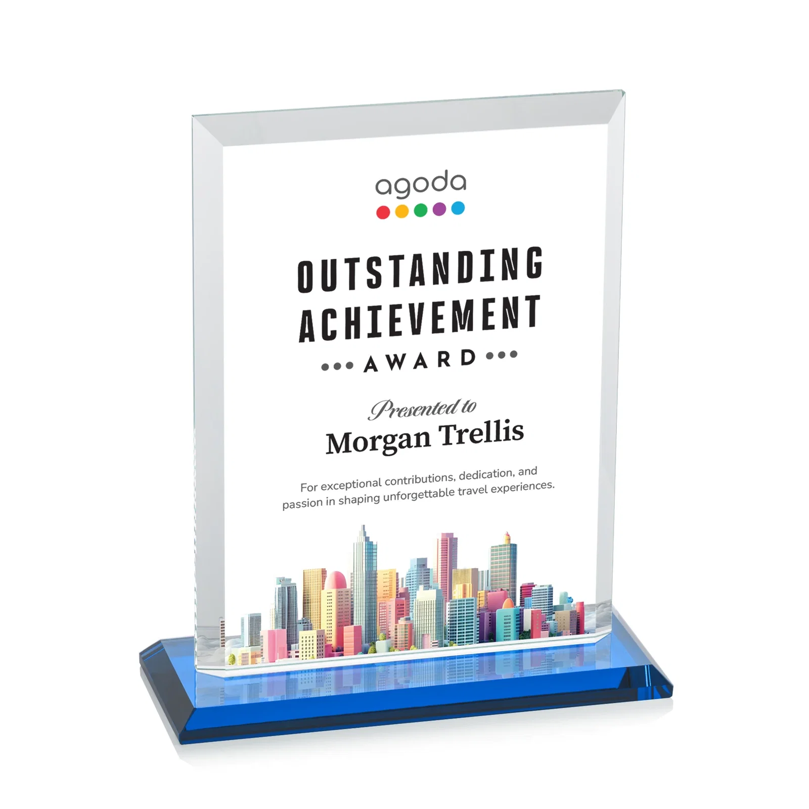 Custom Starfire Crystal Rectangle Award, Beveled Every Edge, White Base, awards, with your logo for sales achievement awards