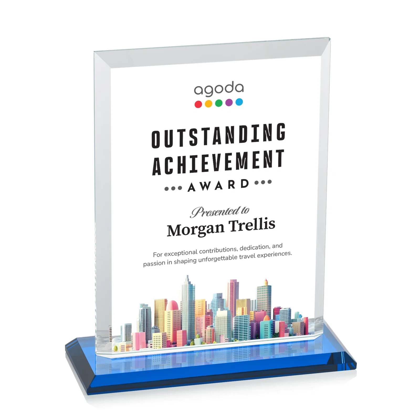 Custom Starfire Crystal Rectangle Award, Beveled Every Edge, White Base, awards, with your logo for retirement presentations